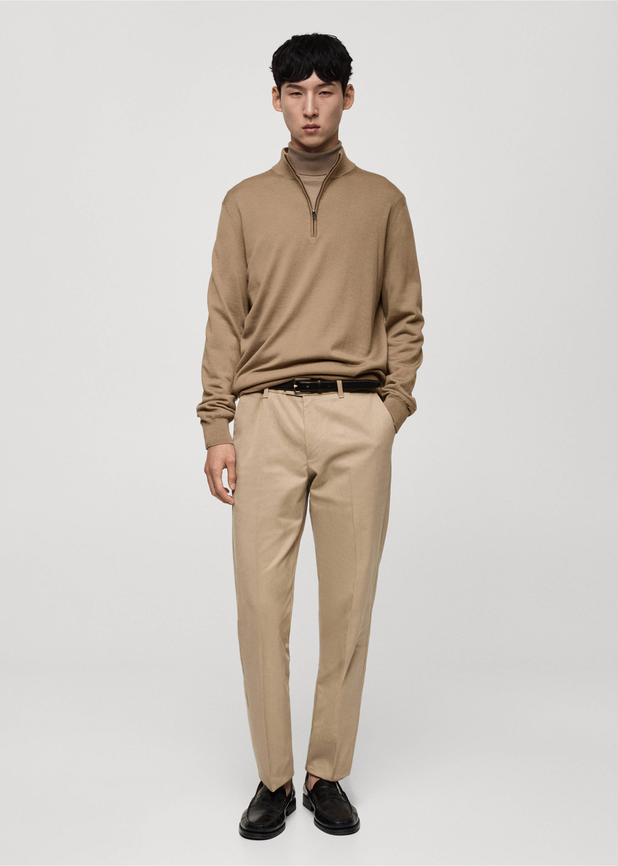 100% merino wool sweater with zip-neck - General plane, Sand. Ref: 77005979-00.