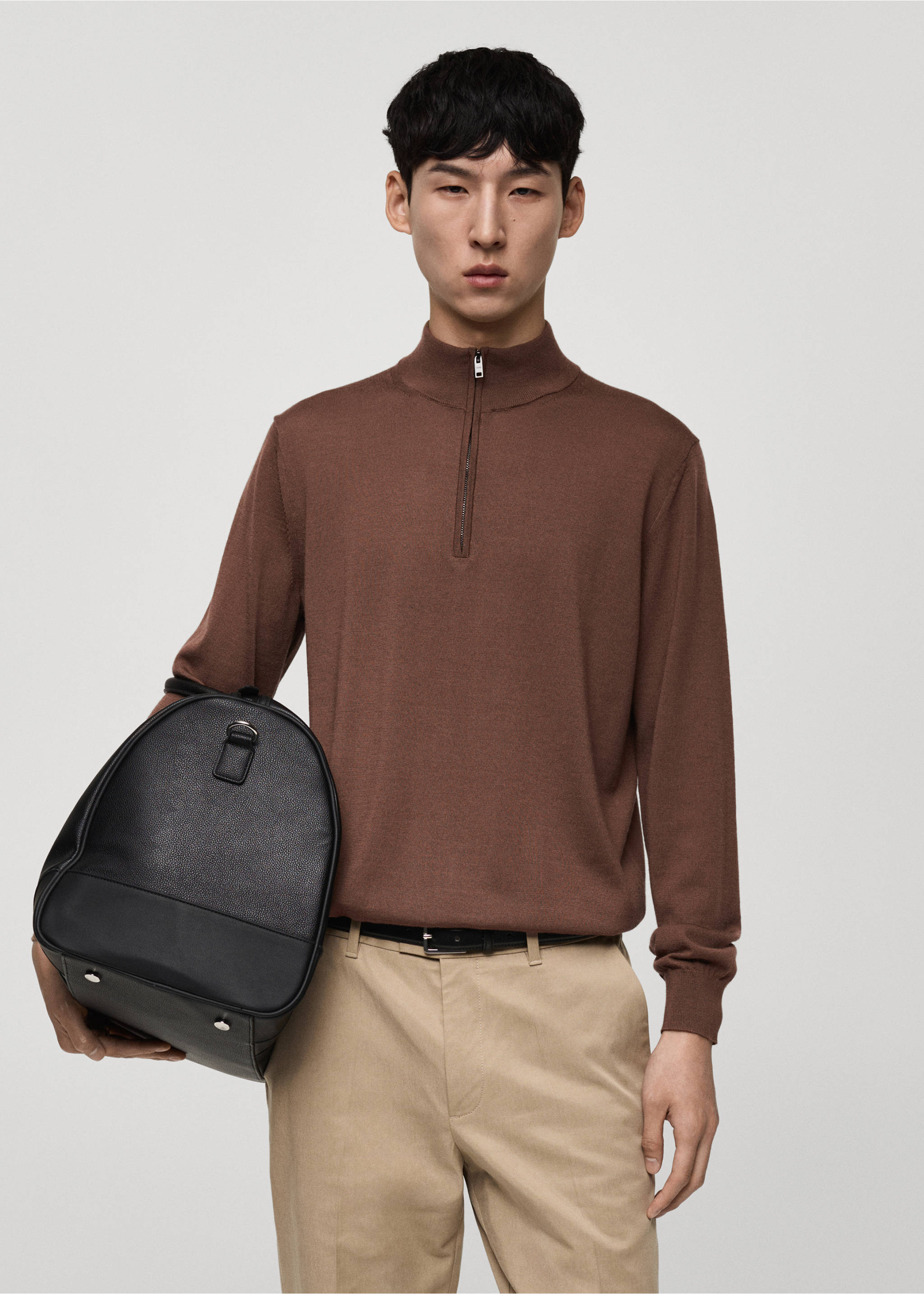 100% merino wool sweater with zip-neck - Medium plane, Medium Brown. Ref: 77005979-00.