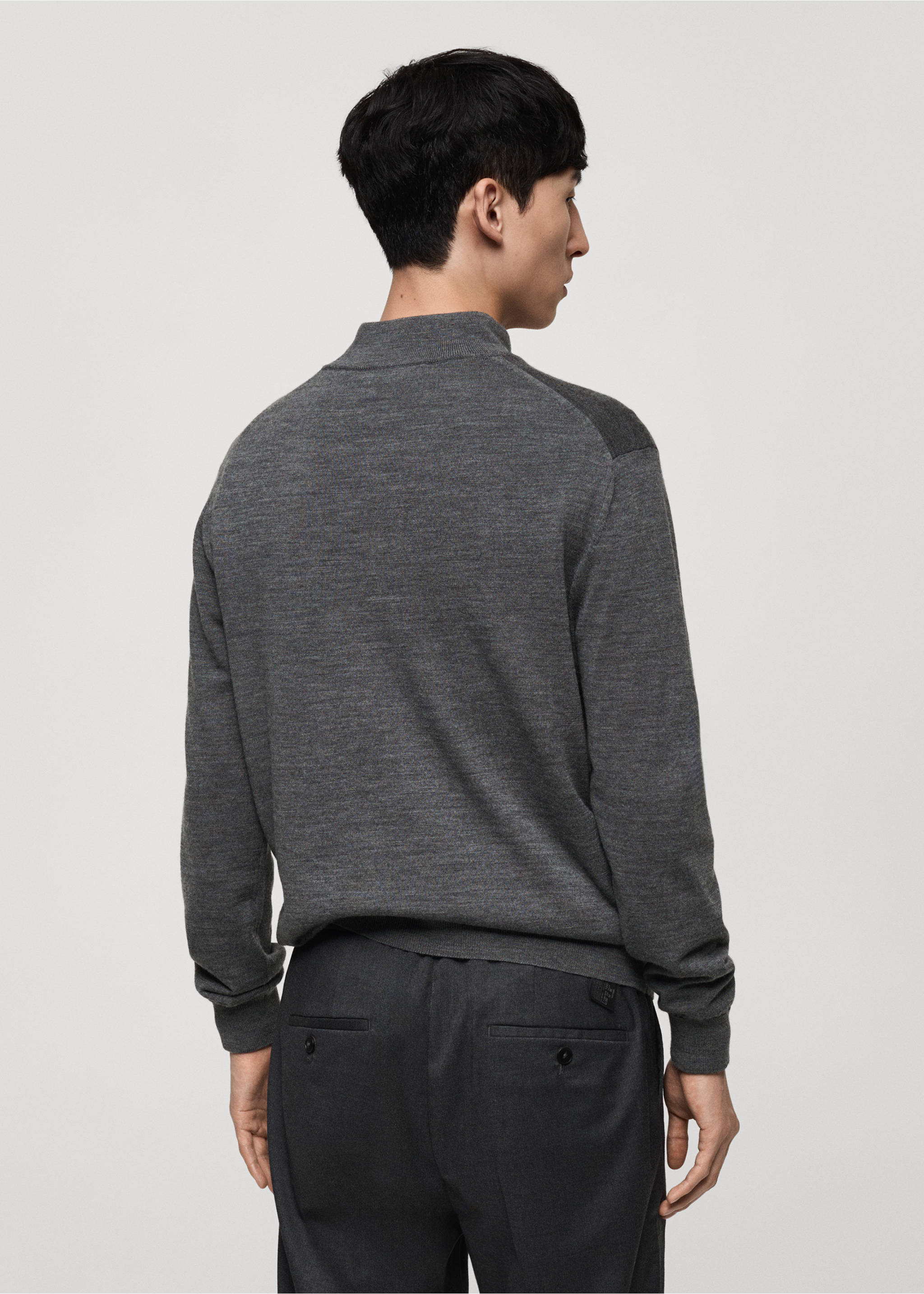 Pull-over 100 % laine mérinos col zippé - Verso de l’article, Gris chiné foncé. Ref: 77005979-00.