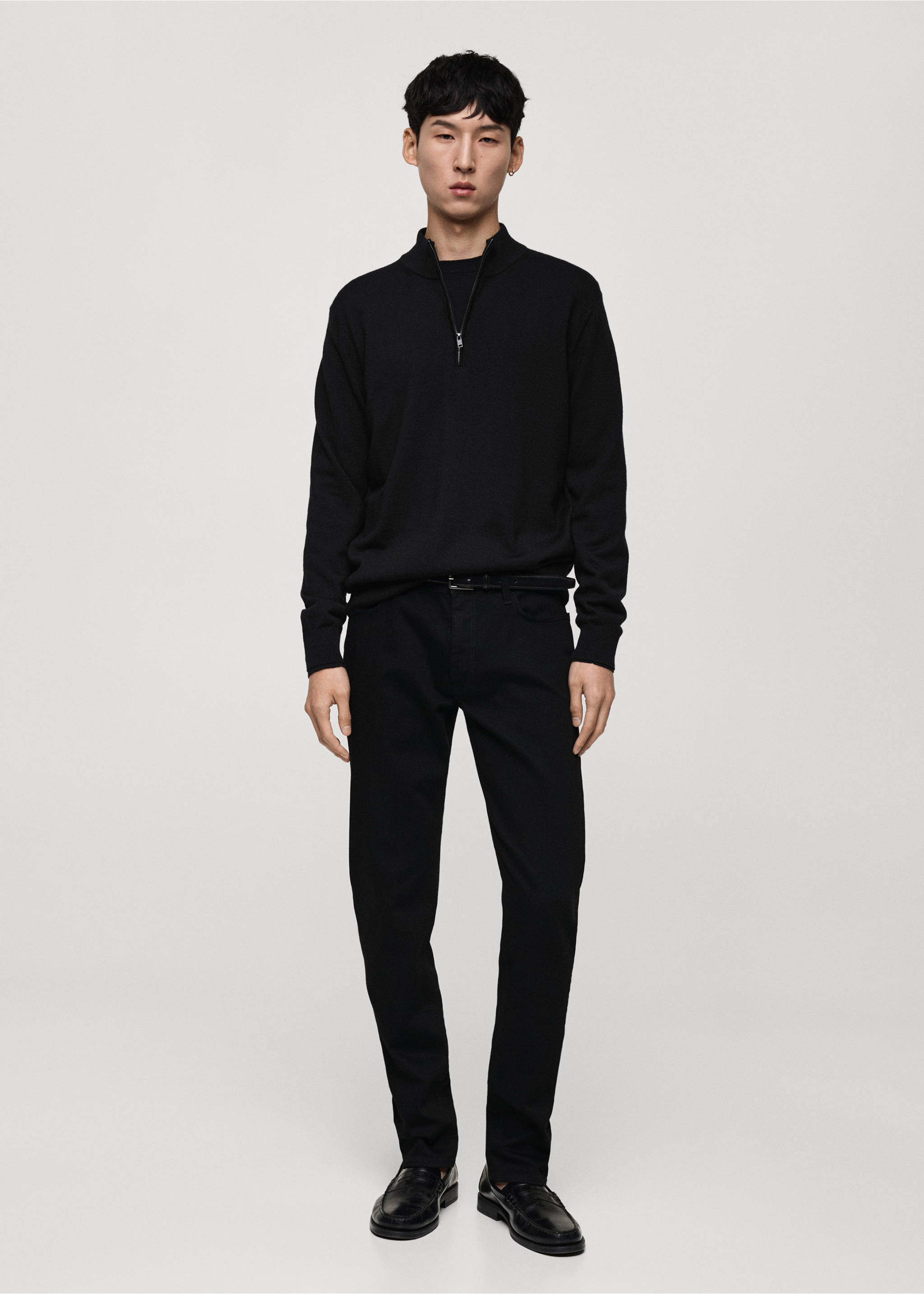 100% merino wool sweater with zip-neck - General plane, Black. Ref: 77005979-00.