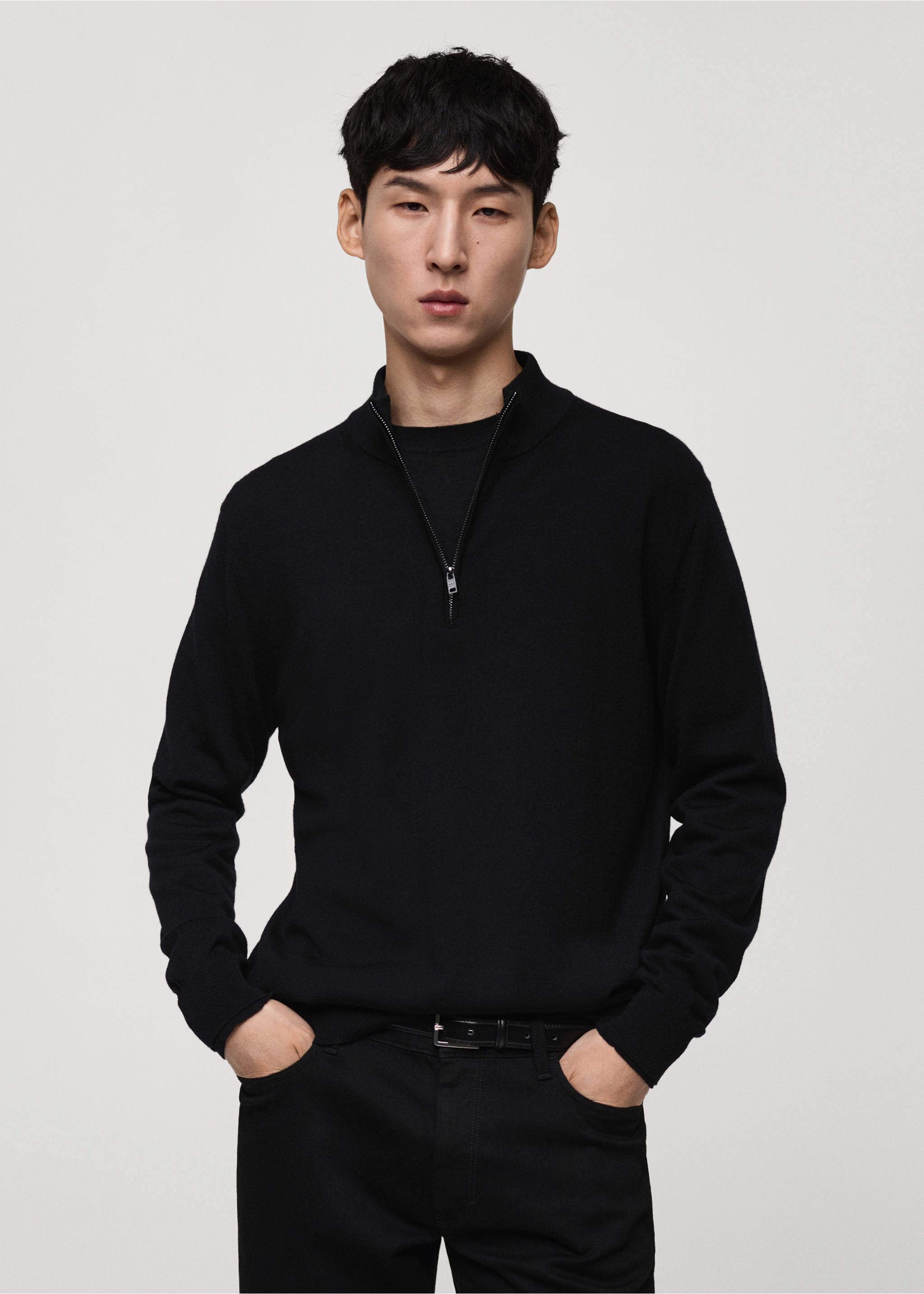 100% merino wool sweater with zip-neck - Medium plane, Black. Ref: 77005979-00.