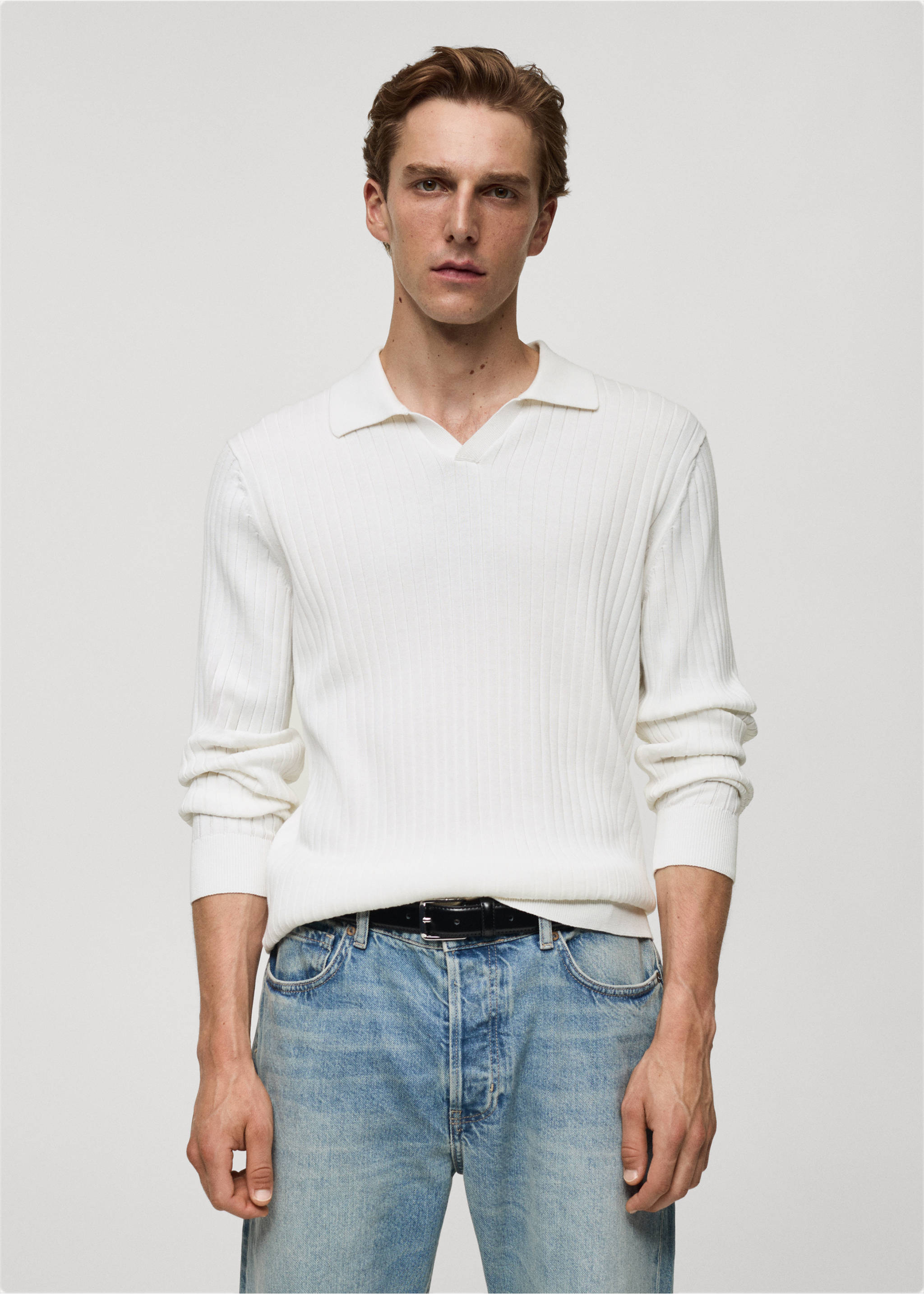 Fine rib-knit polo sweater - Medium plane, Off White. Ref: 77005983-00.