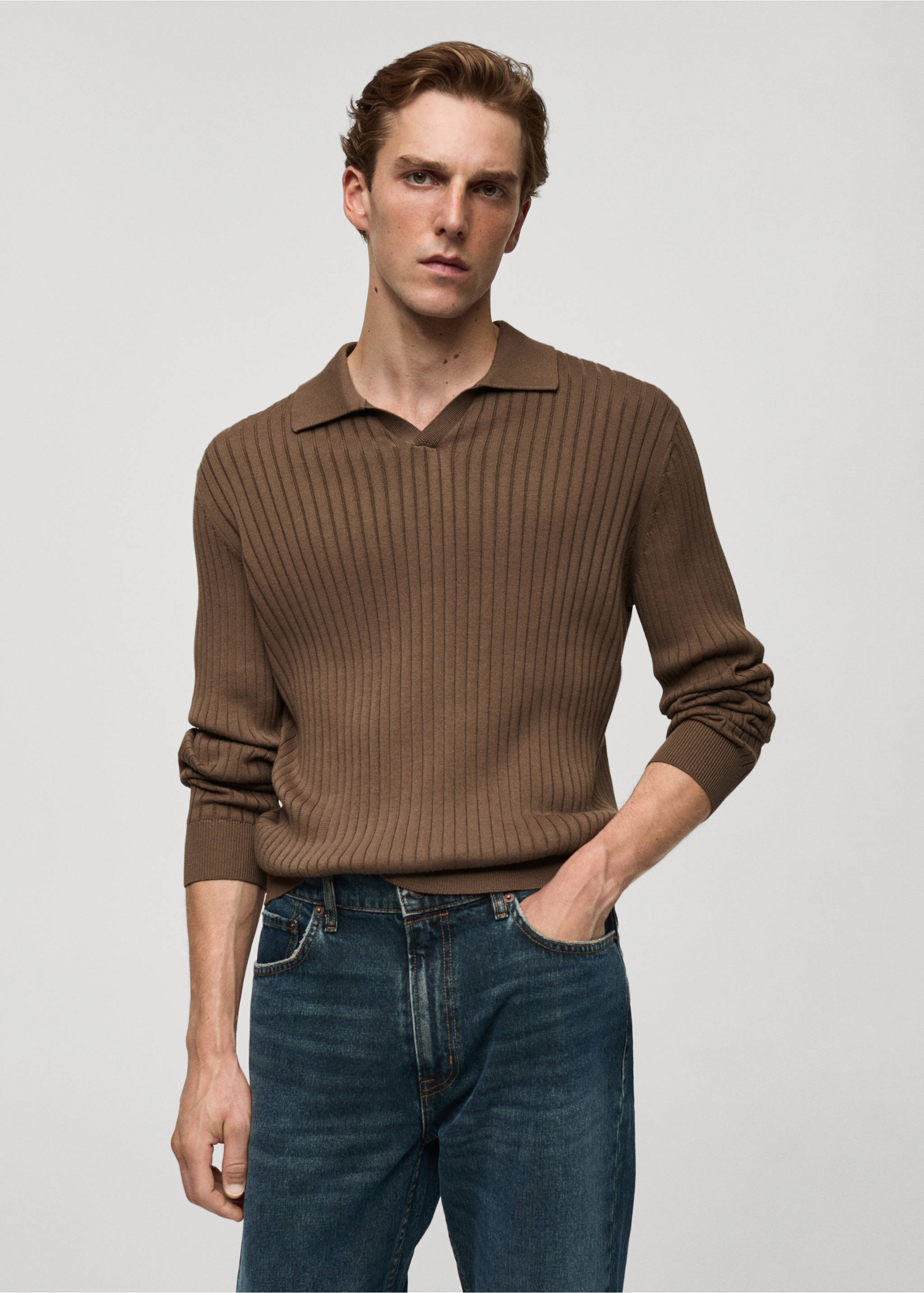 Fine rib-knit polo sweater - Medium plane, Mink Grey. Ref: 77005983-00.