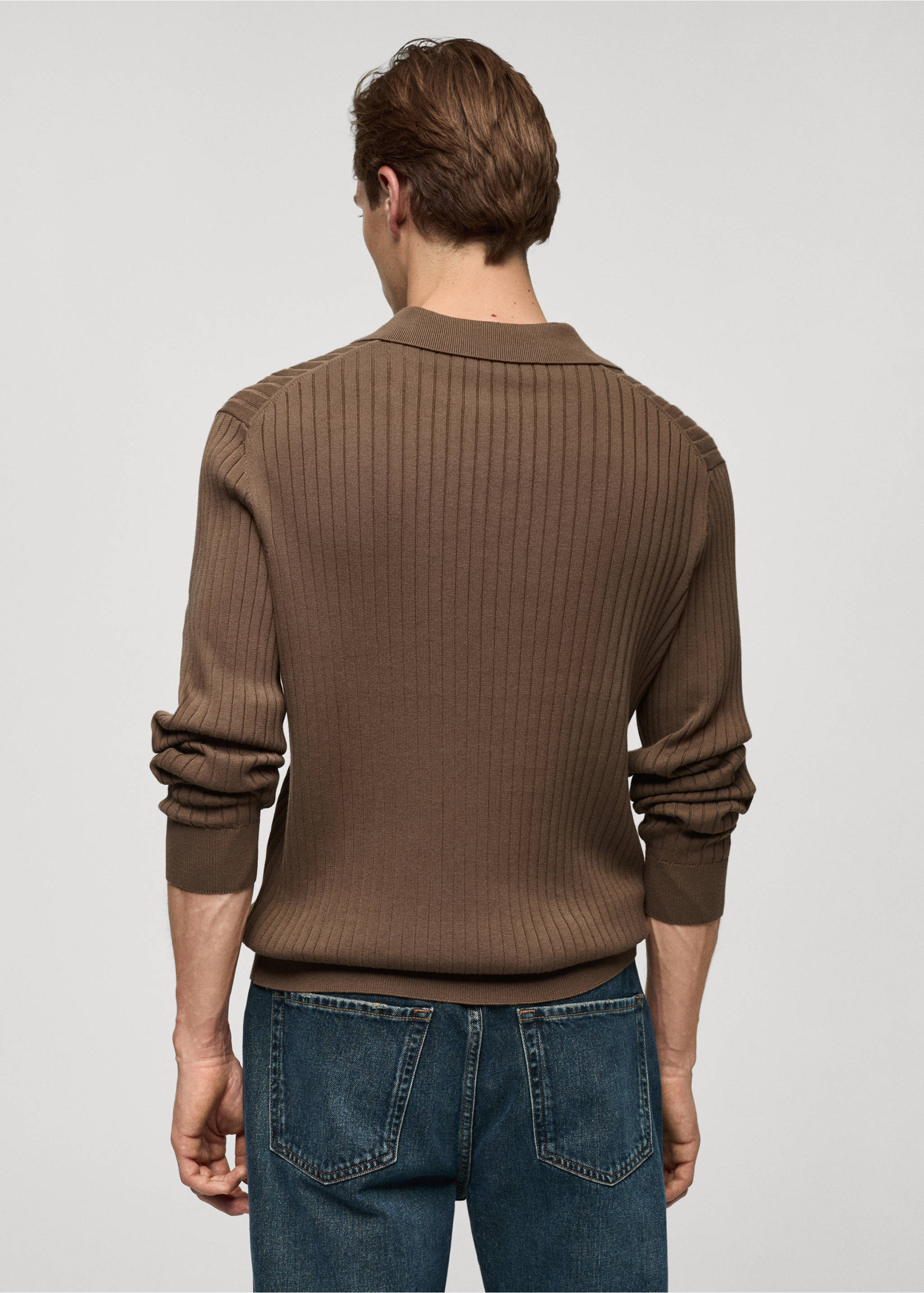 Fine rib-knit polo sweater - Reverse of the article, Mink Grey. Ref: 77005983-00.