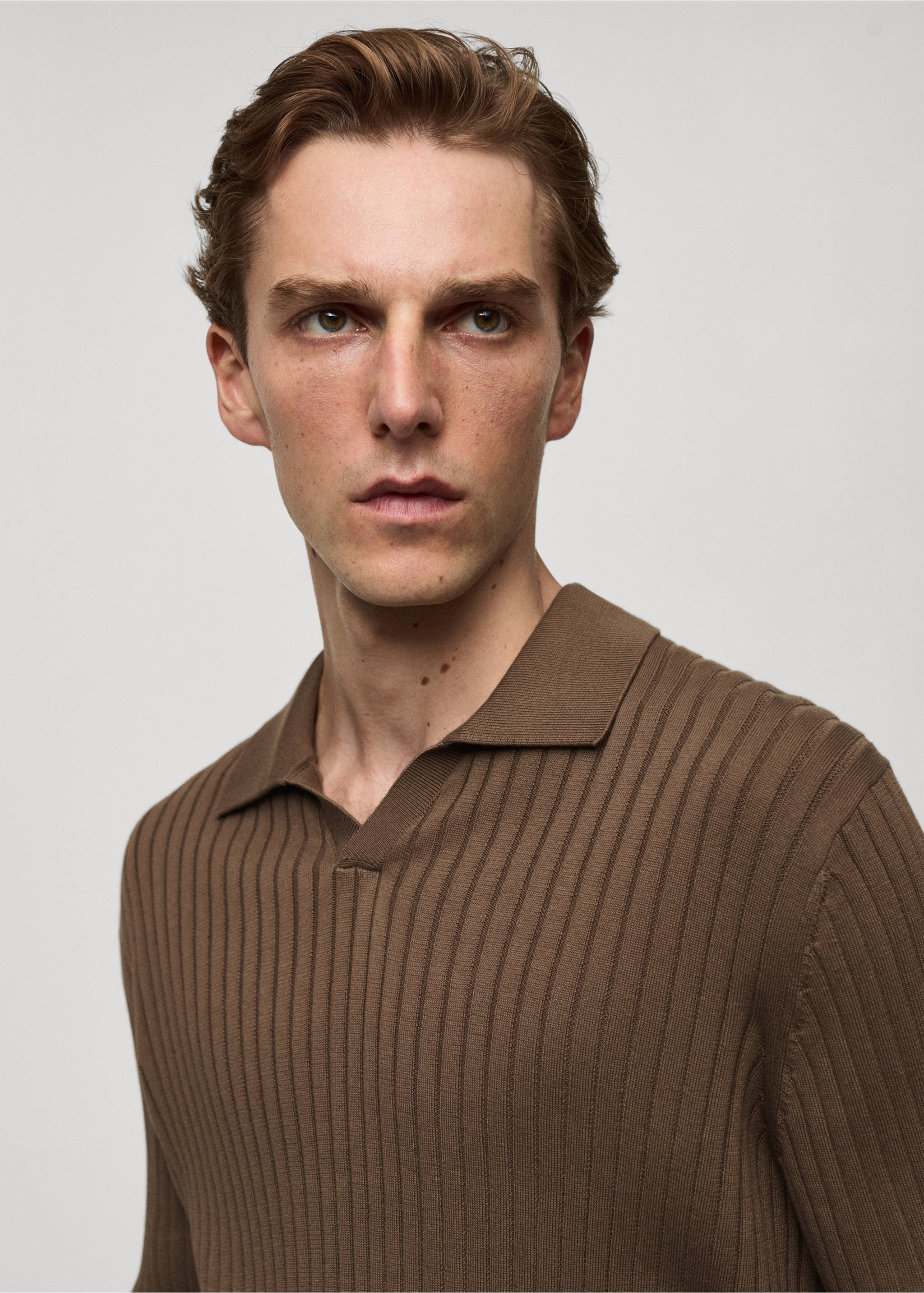 Fine rib-knit polo sweater - Details of the article 1, Mink Grey. Ref: 77005983-00.