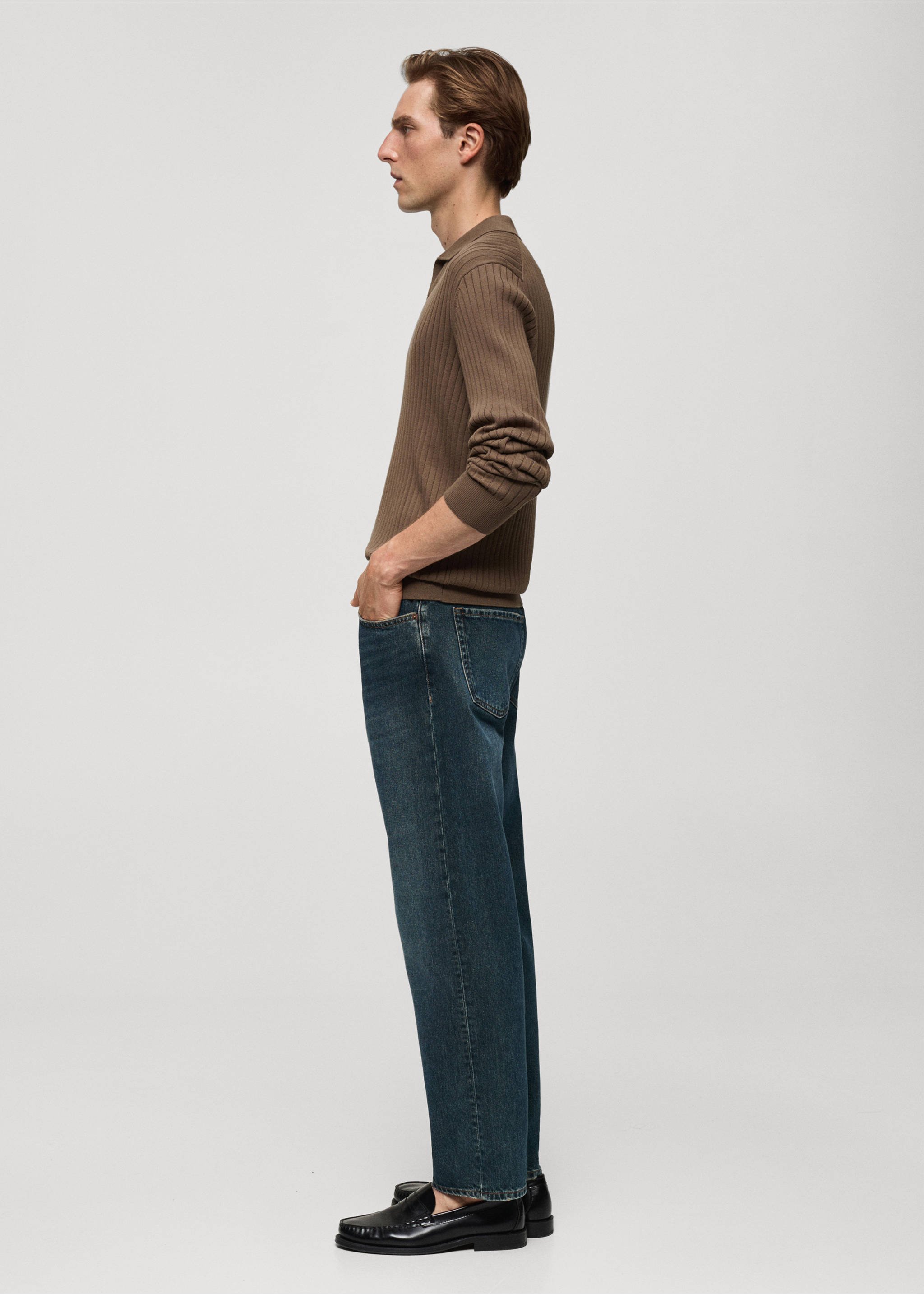 Fine rib-knit polo sweater - Details of the article 2, Mink Grey. Ref: 77005983-00.