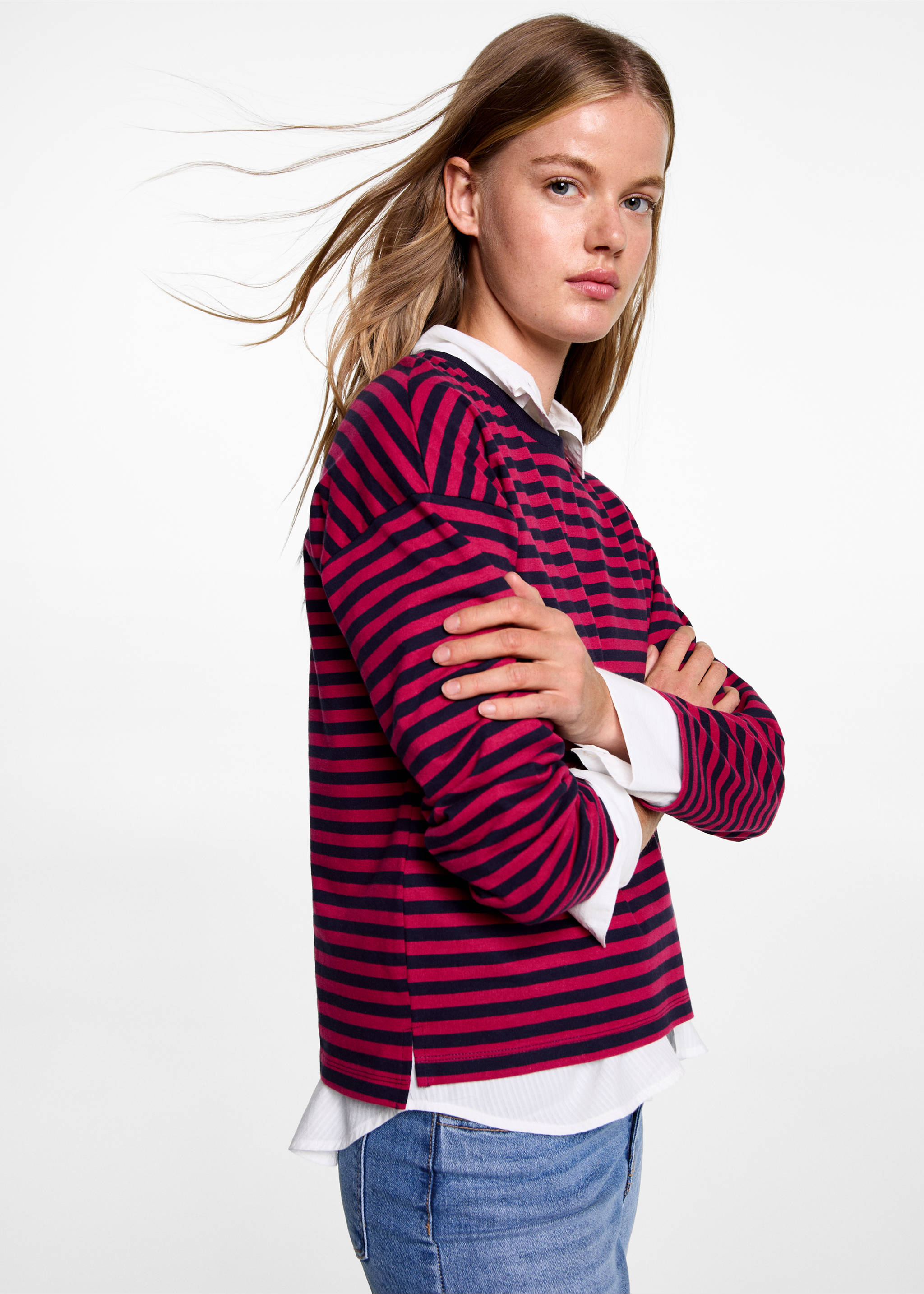 T-shirt manches longues rayures - Plan moyen, Cerise. Ref: 77006749-00.