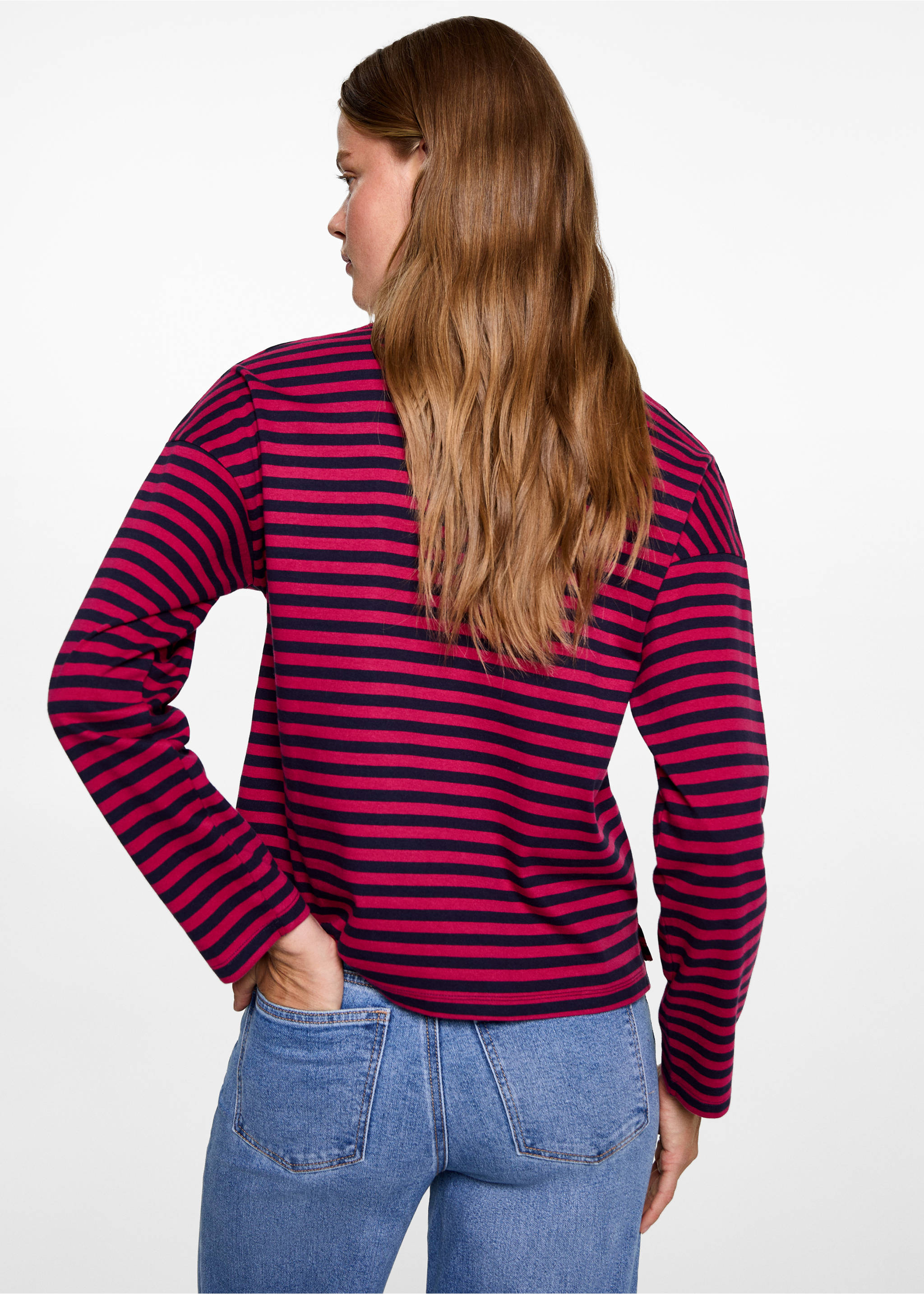 T-shirt manches longues rayures - Verso de l’article, Cerise. Ref: 77006749-00.