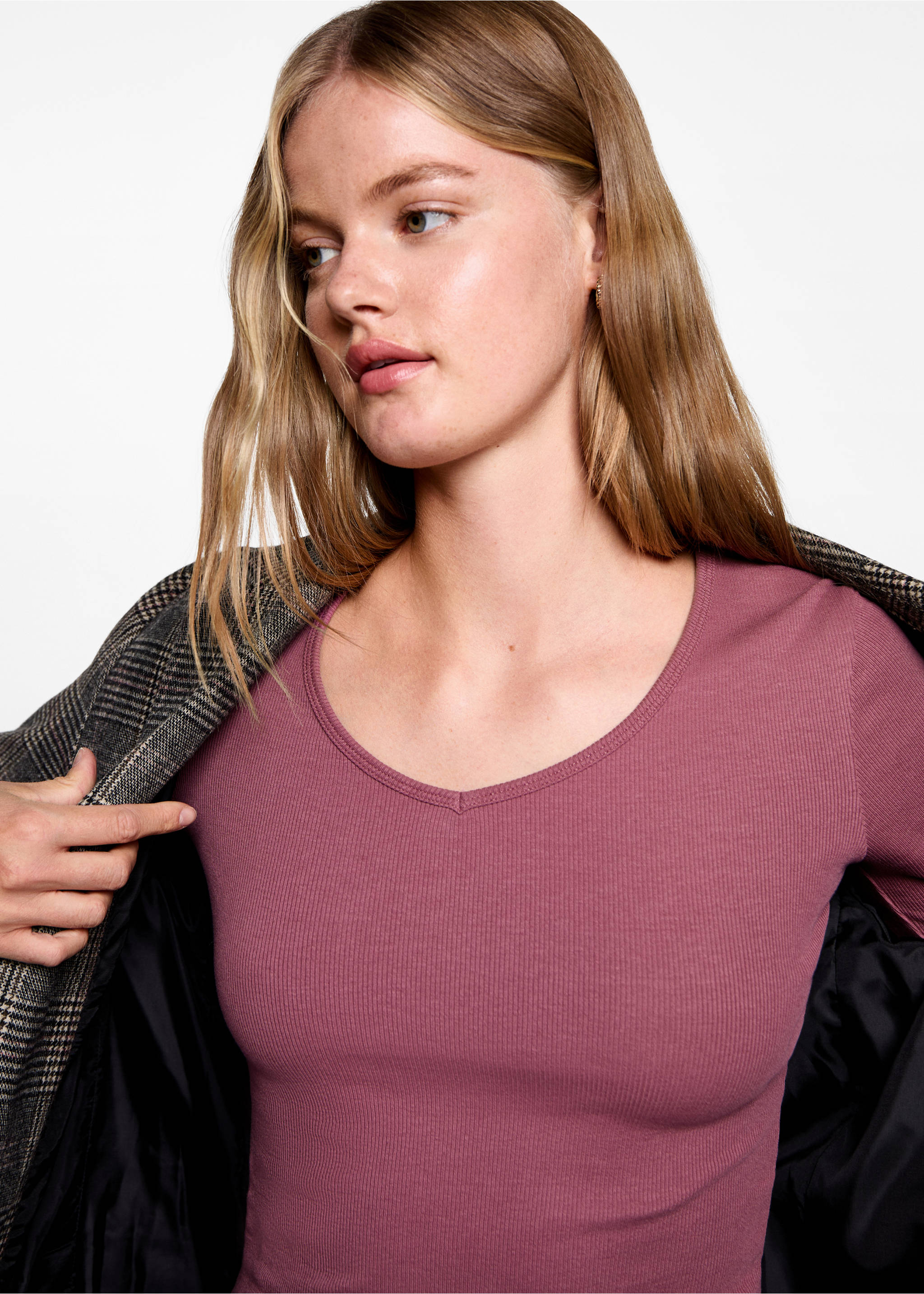 T-shirt manches longues col V - Détail de l'article 1, Rose pastel. Ref: 77006751-00.