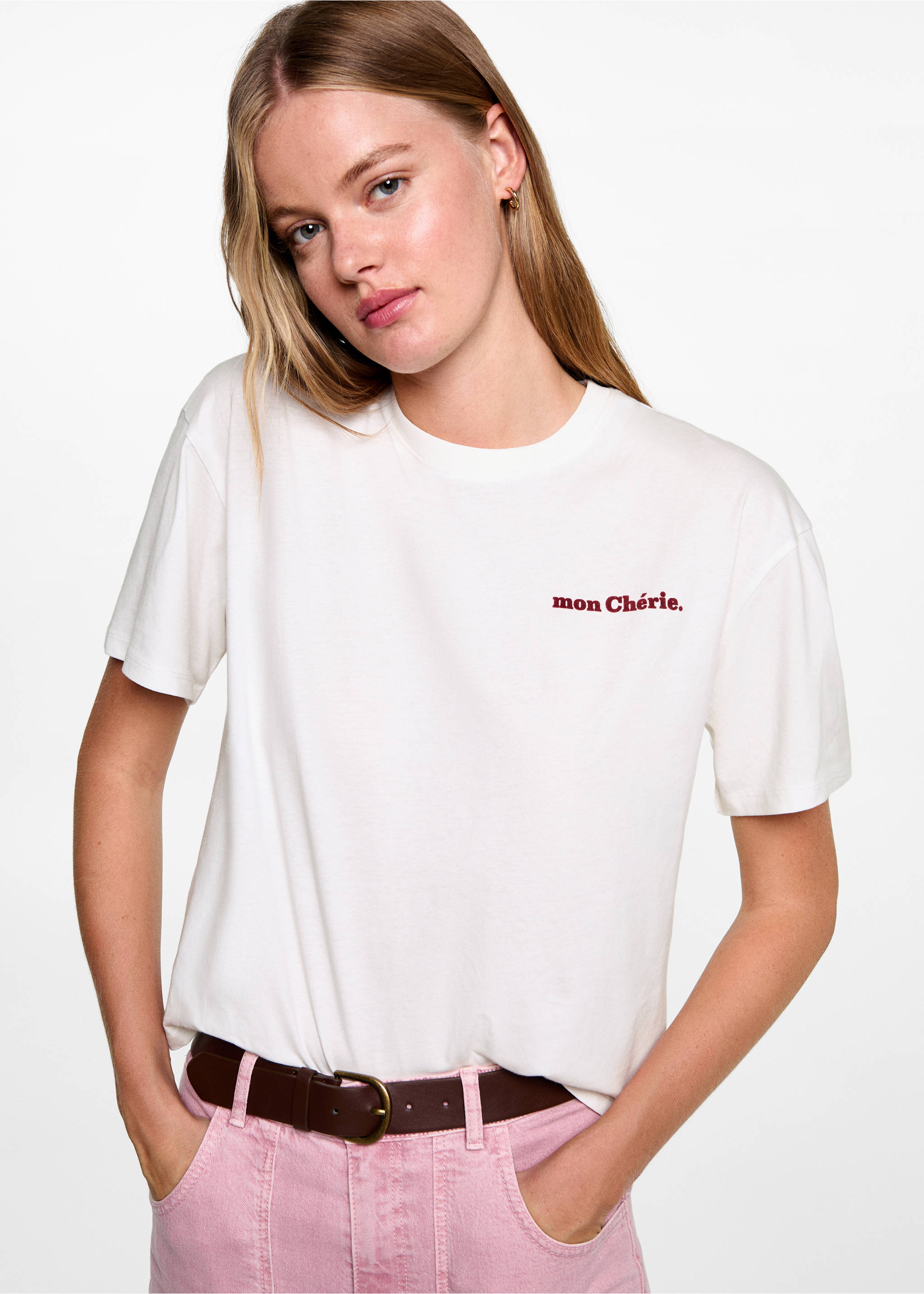 Tryckt bomull-blandning t-shirt - Bild av mittparti, Benvit. Ref: 77006754-00.