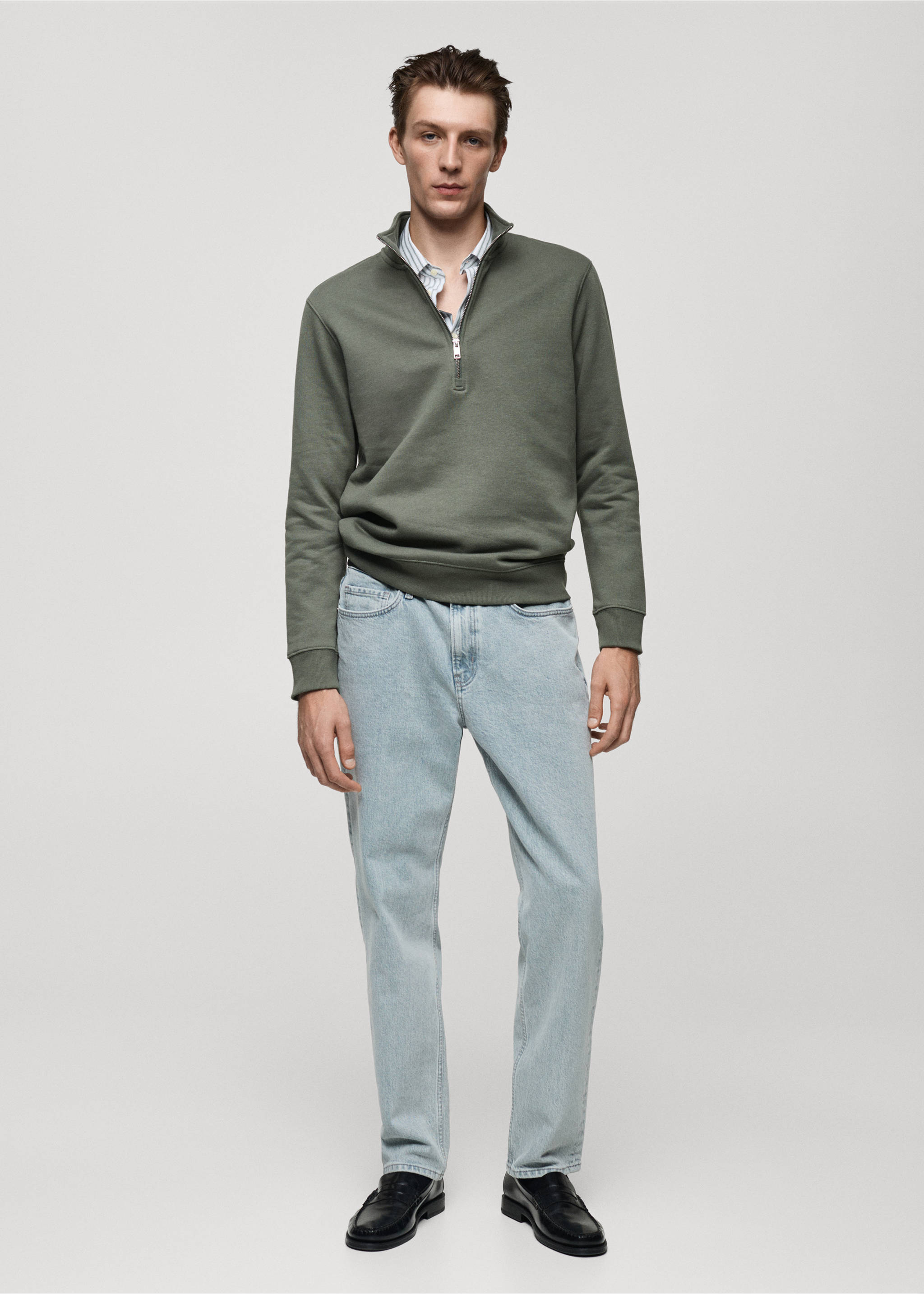 Cotton sweatshirt with zip neck - General plane, Green. Ref: 77007119-00.