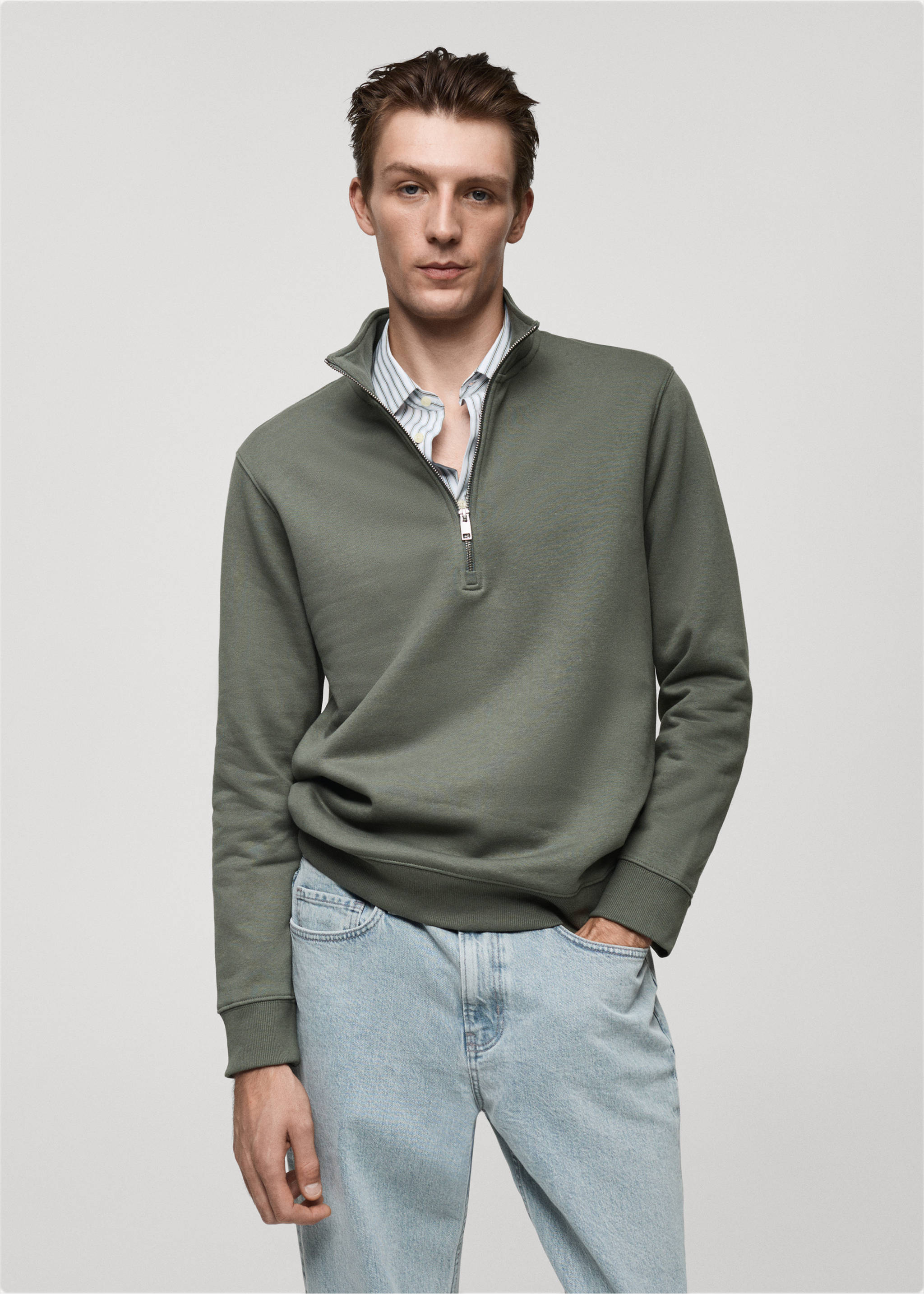 Cotton sweatshirt with zip neck - Medium plane, Green. Ref: 77007119-00.
