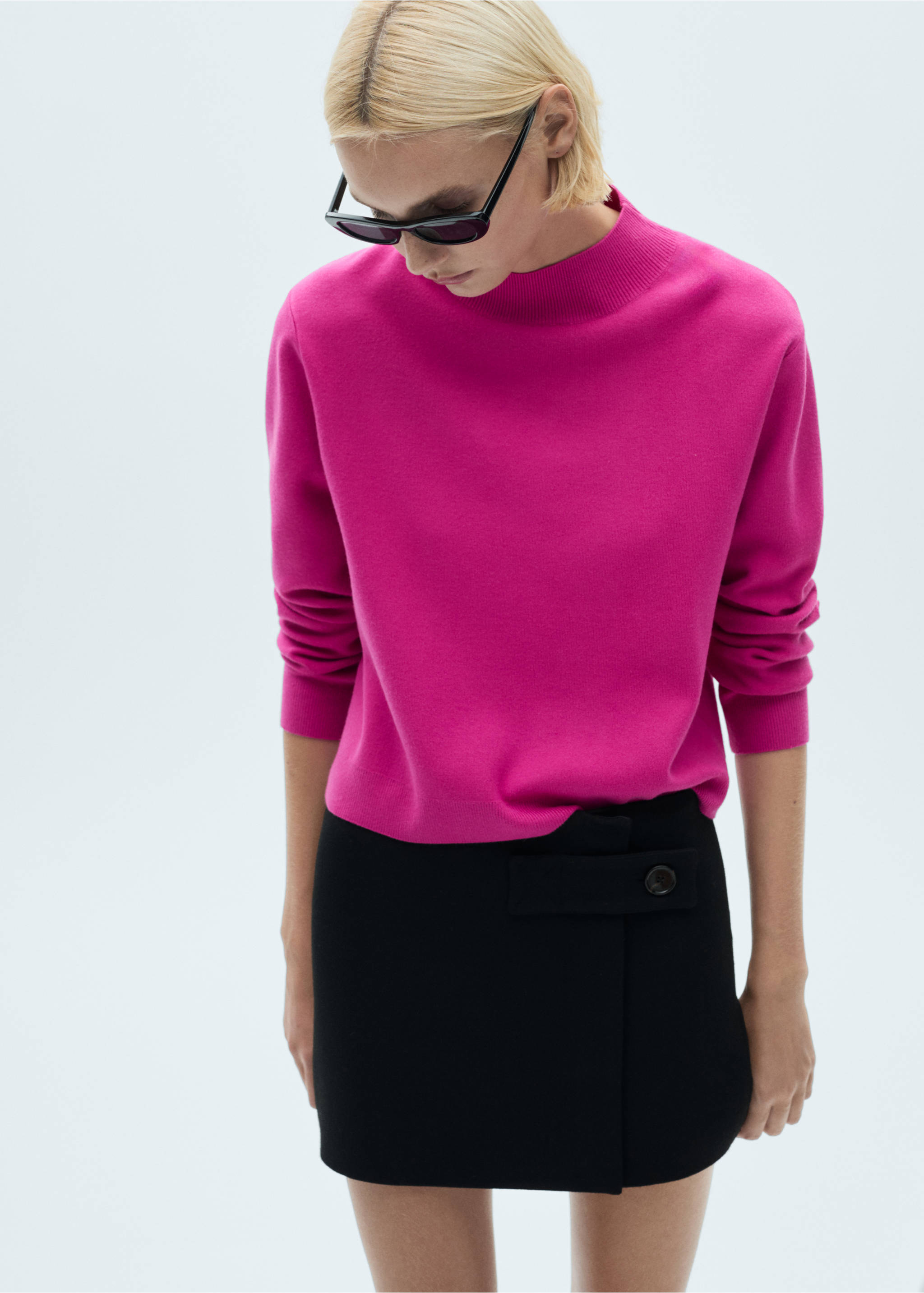 Knitted sweater with perkins neck - Medium plane, Fuchsia. Ref: 77007697-00.