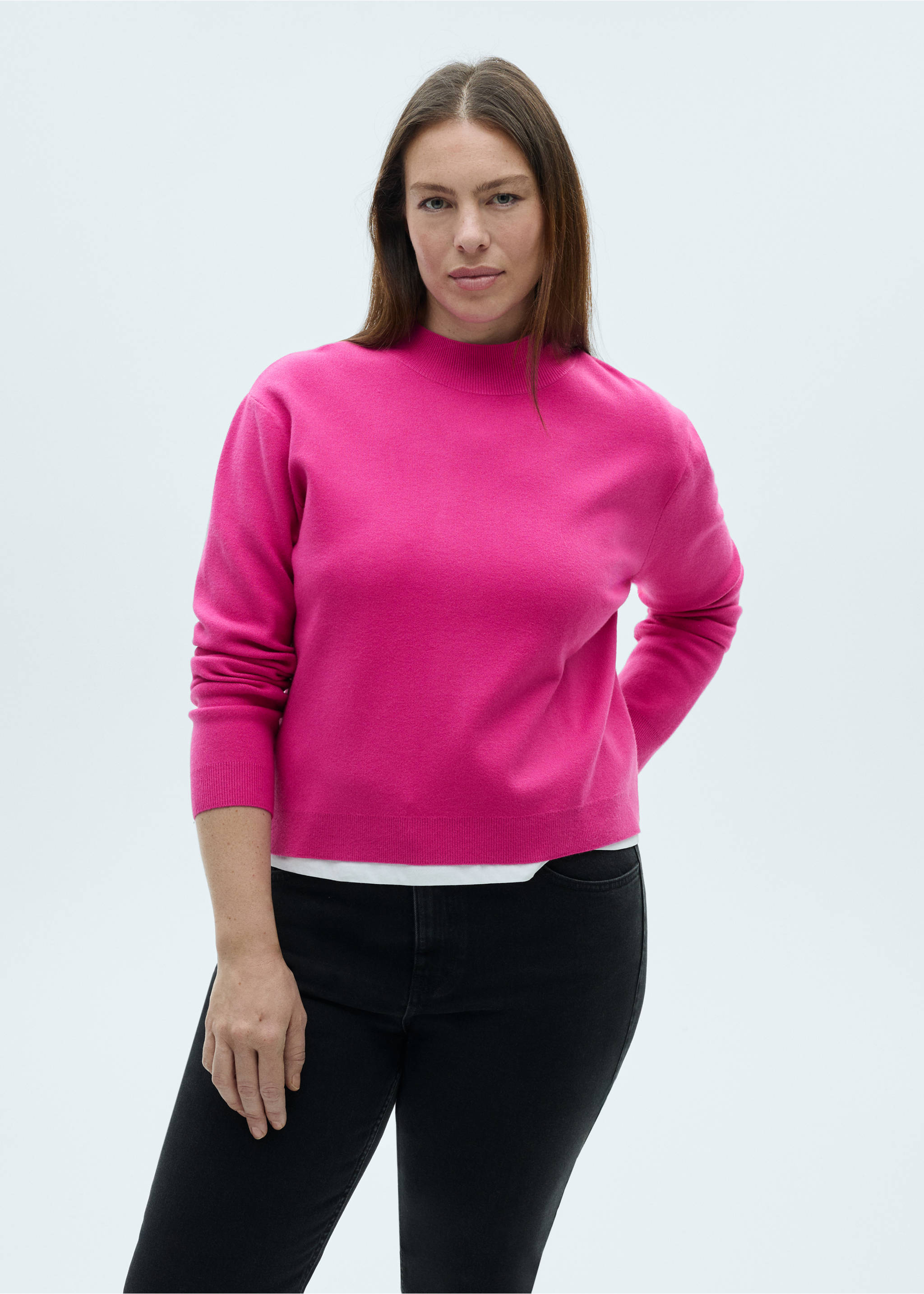 Knitted sweater with perkins neck - Details of the article 5, Fuchsia. Ref: 77007697-00.