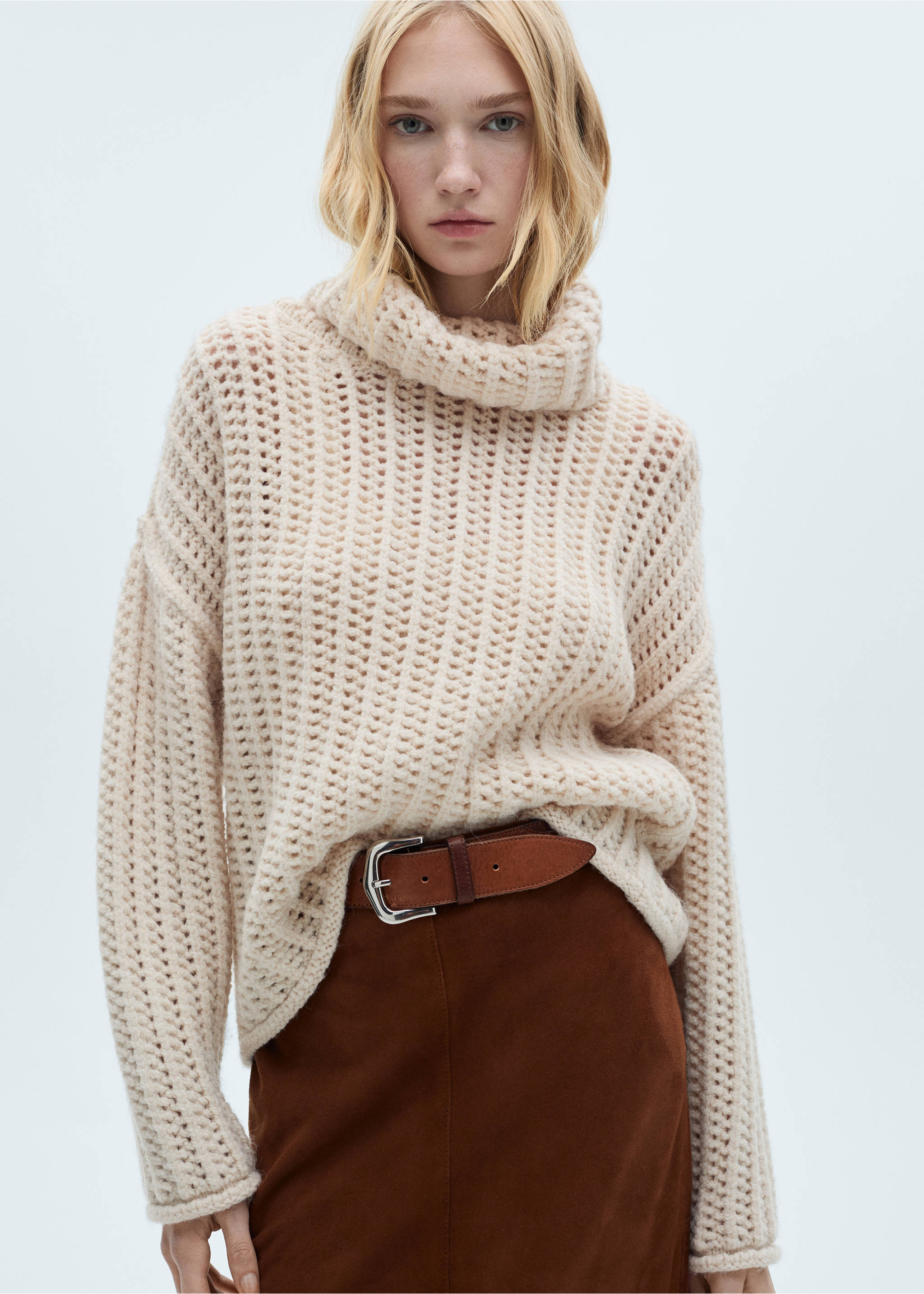 Openwork turtleneck sweater - Medium plane, Ecru. Ref: 77007715-00.