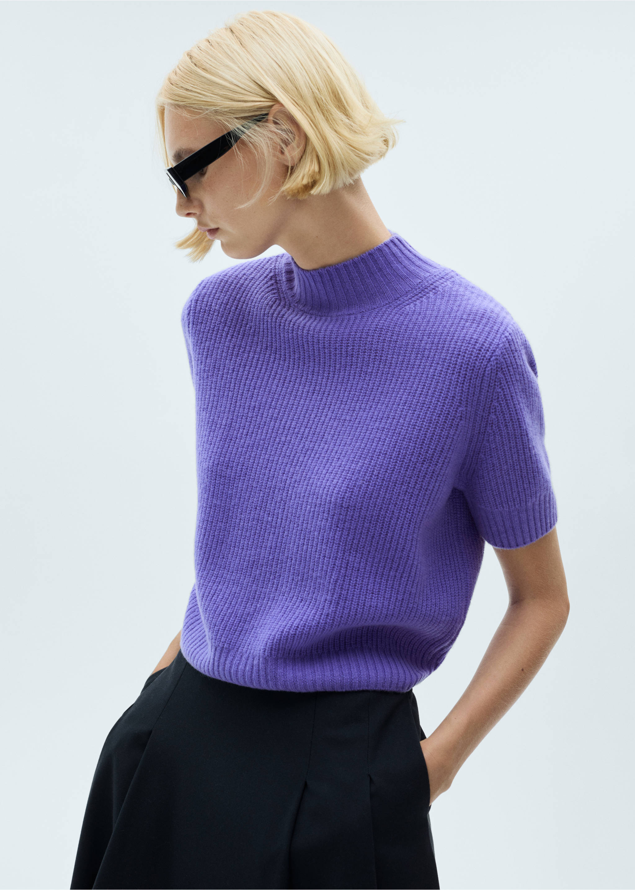 Short-sleeved wool sweater - Medium plane, Purple. Ref: 77007723-00.