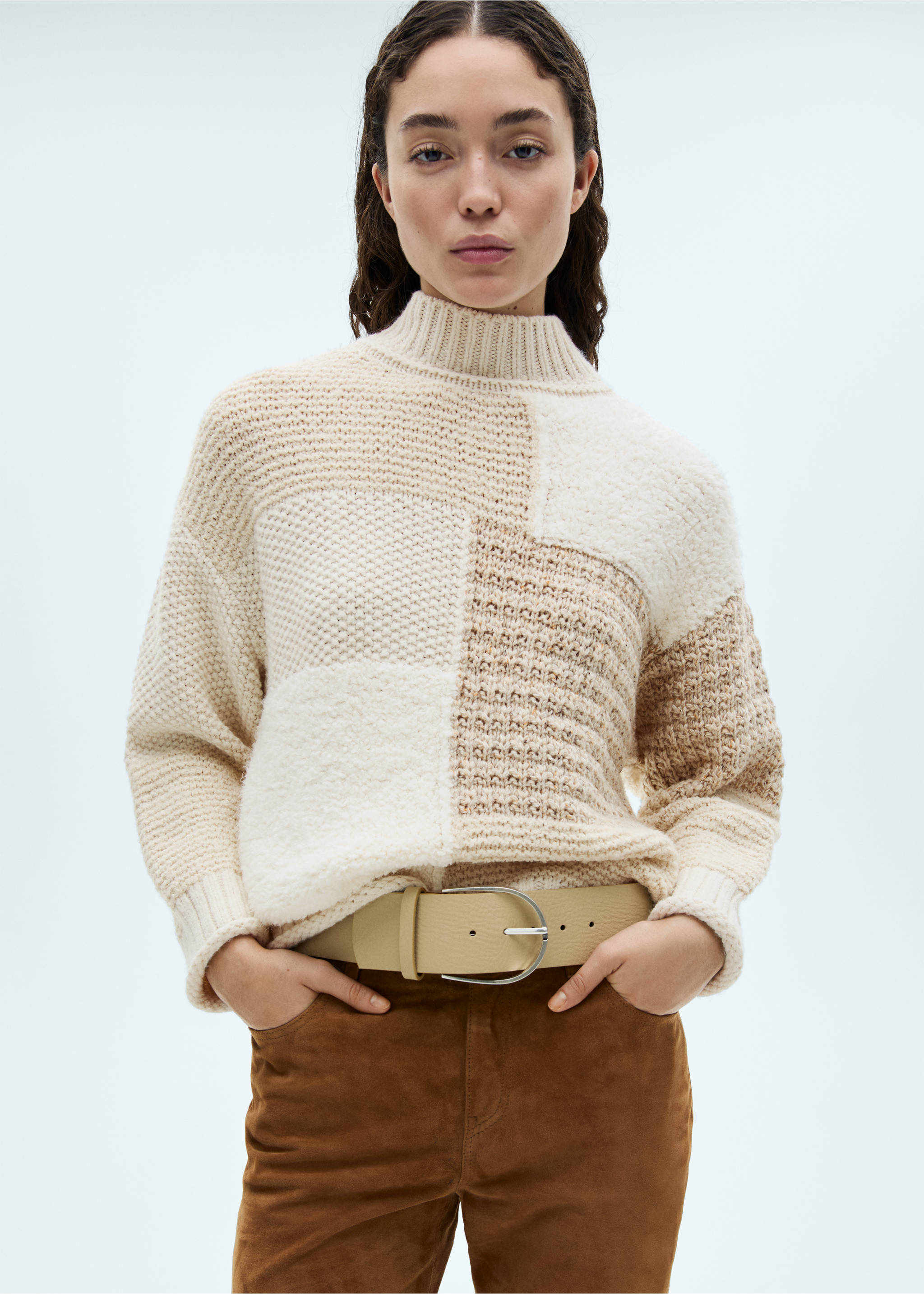 Patchwork sweater with perkins neck - Medium plane, Ecru. Ref: 77007728-00.