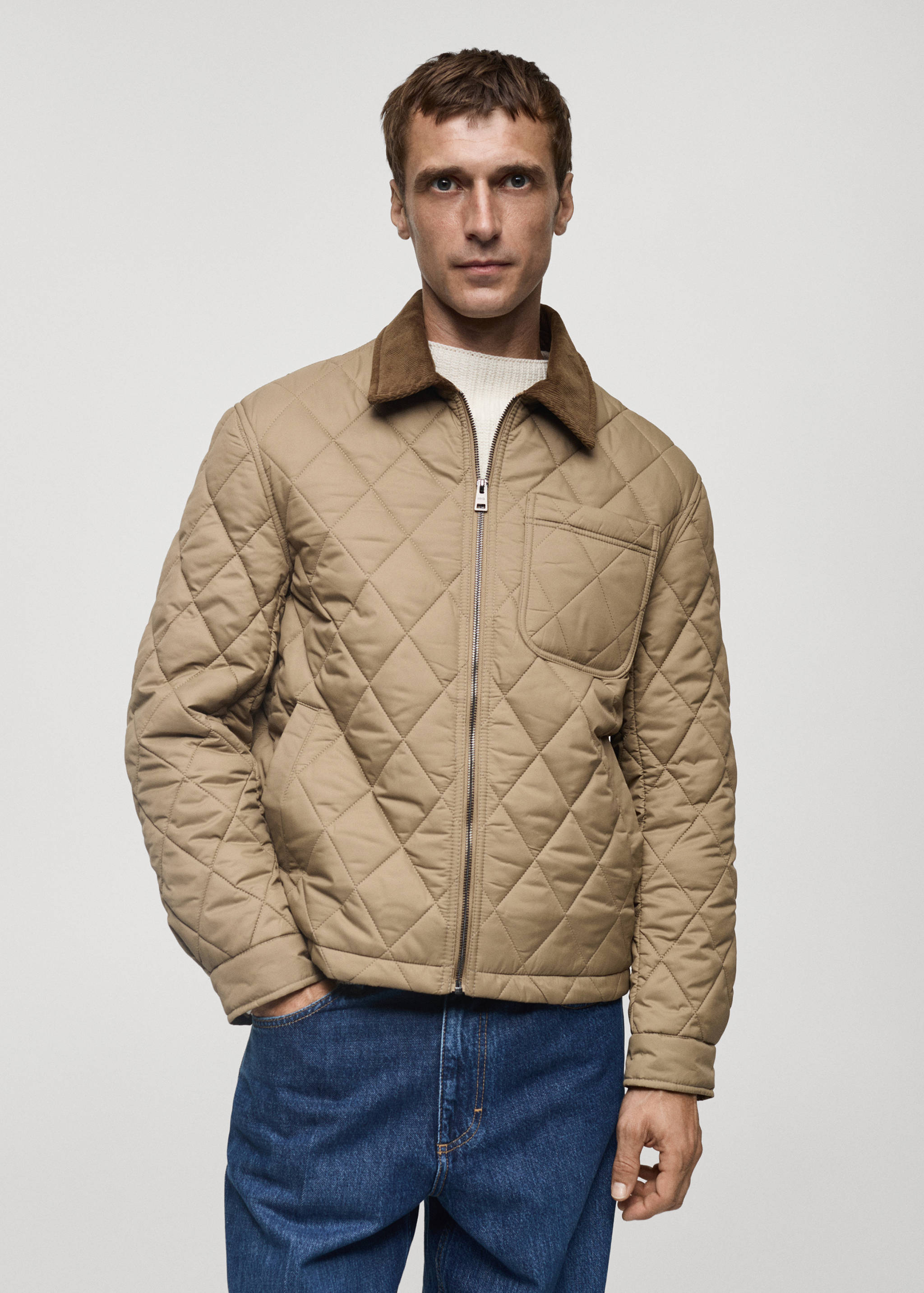 Quilted jacket with corduroy collar - Medium plane