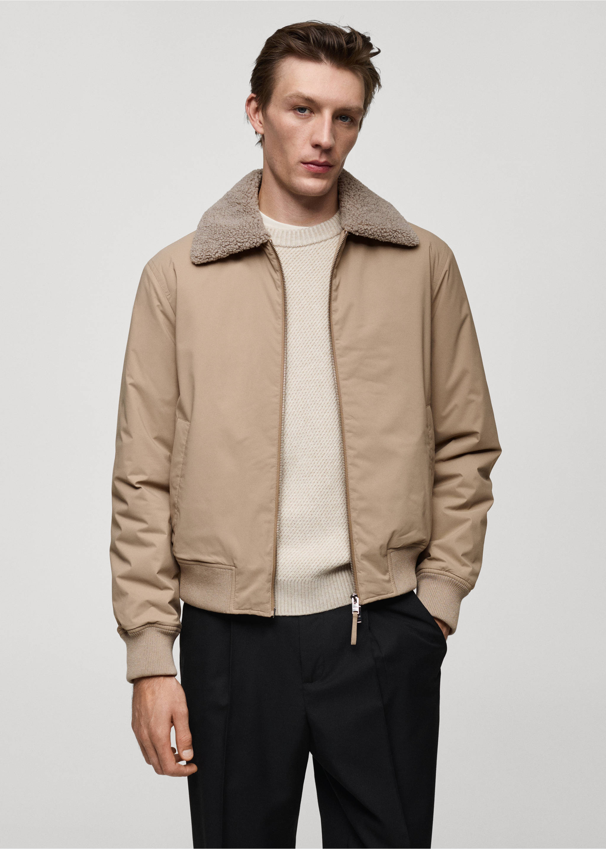 Water-repellent jacket with sheepskin collar - Medium plane, Beige. Ref: 77007927-00.