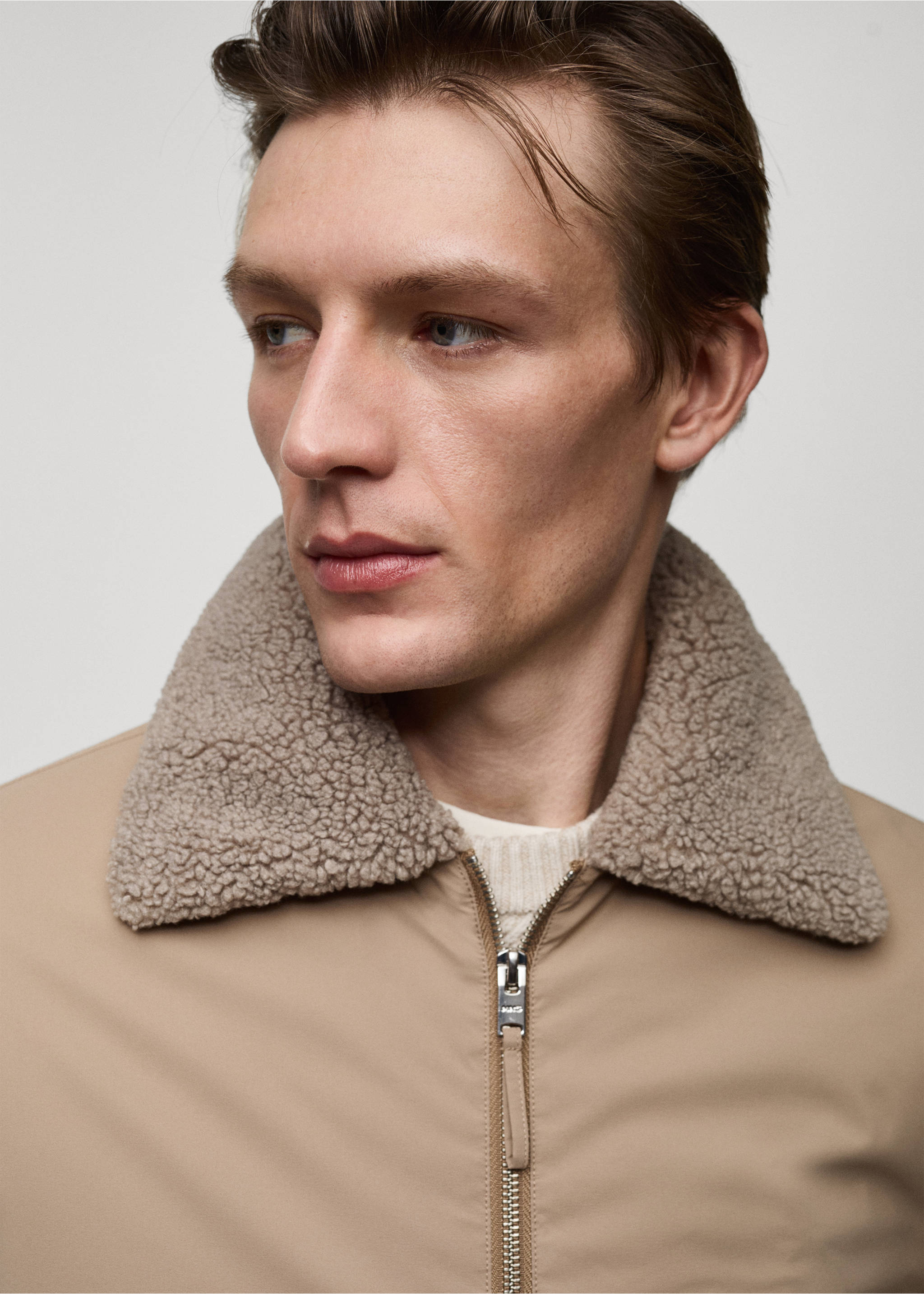 Water-repellent jacket with sheepskin collar - Details of the article 1, Beige. Ref: 77007927-00.
