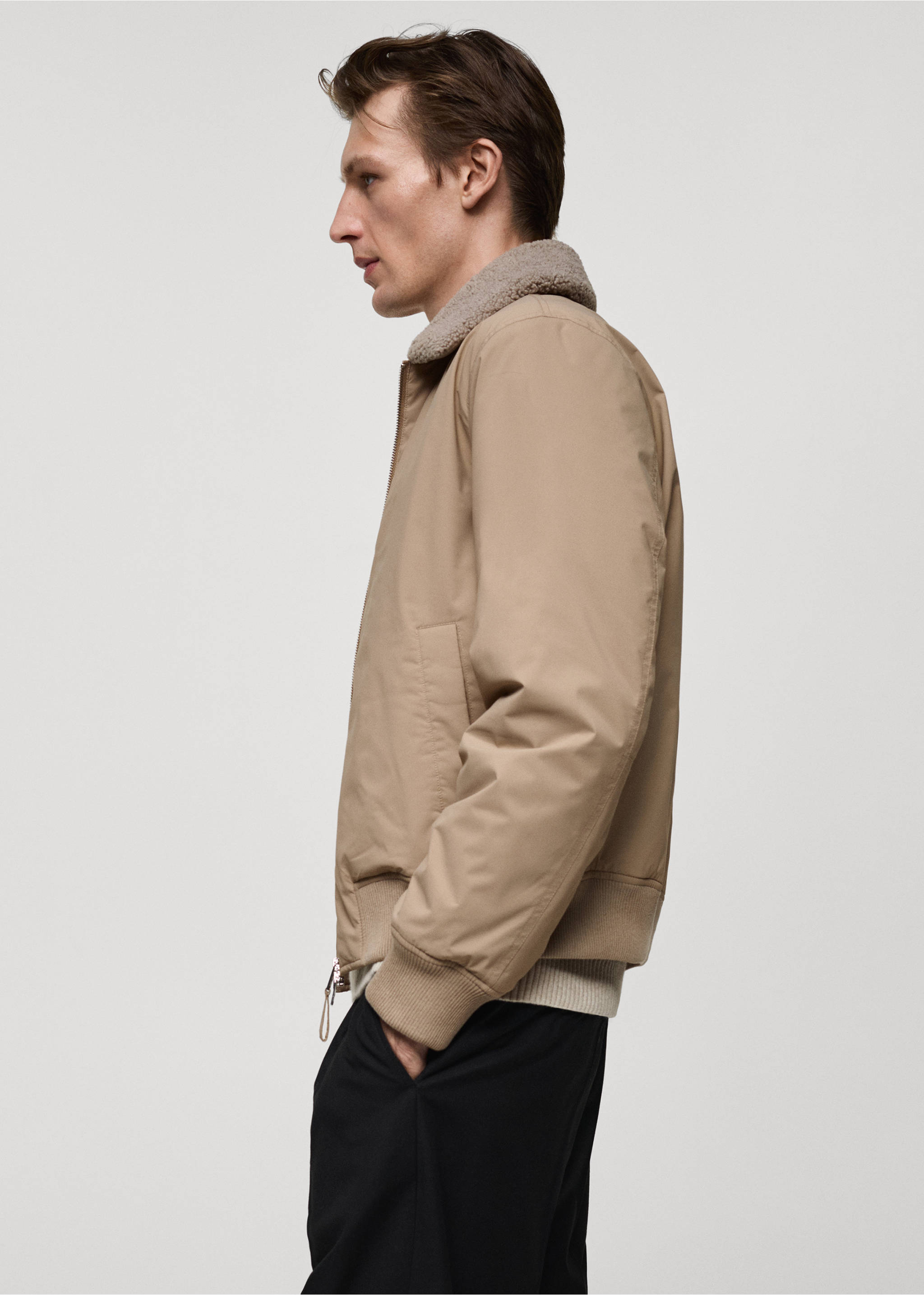 Water-repellent jacket with sheepskin collar - Details of the article 2, Beige. Ref: 77007927-00.
