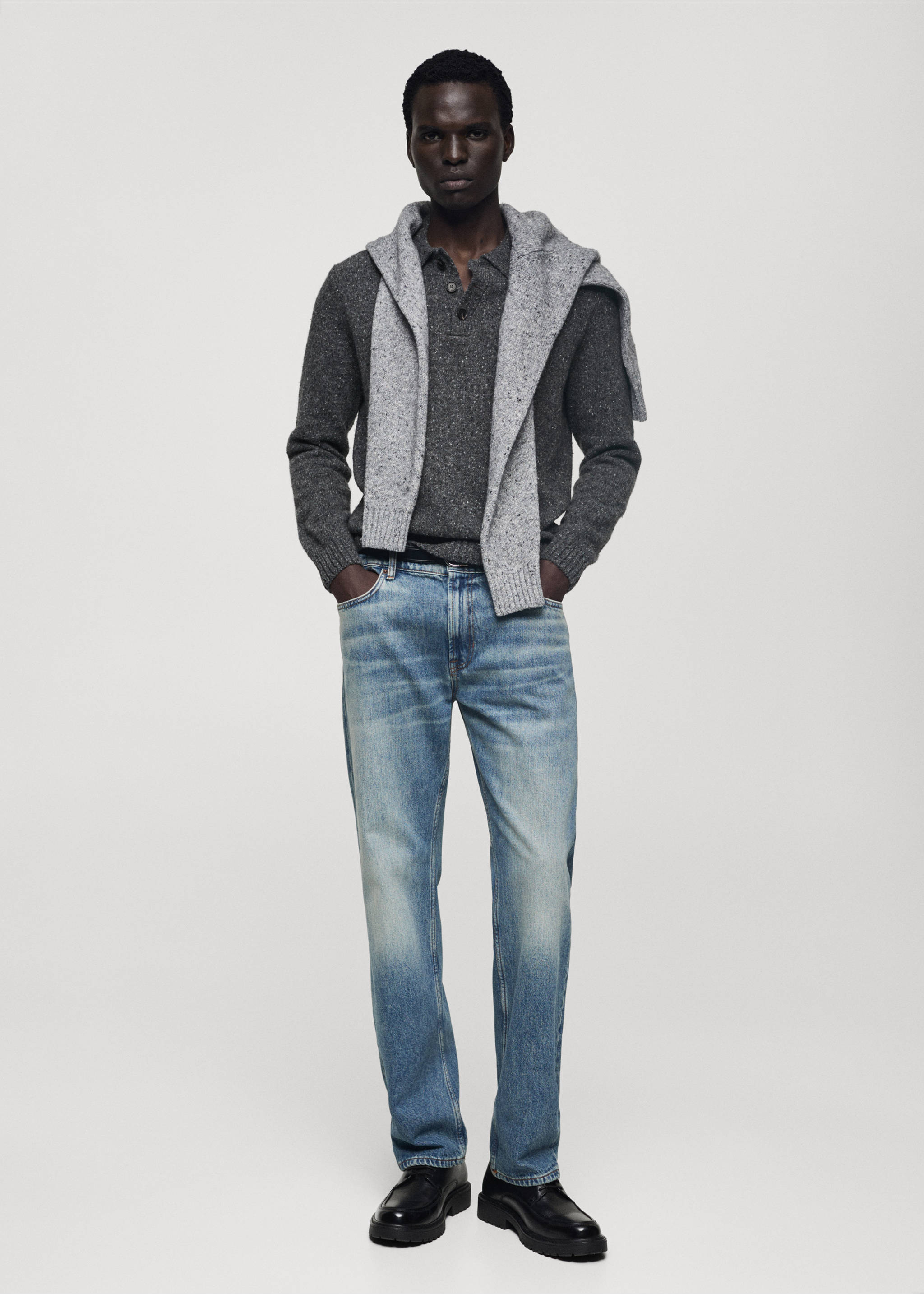 Polo maille laine chinée - Plan général, Gris anthracite. Ref: 77007942-00.