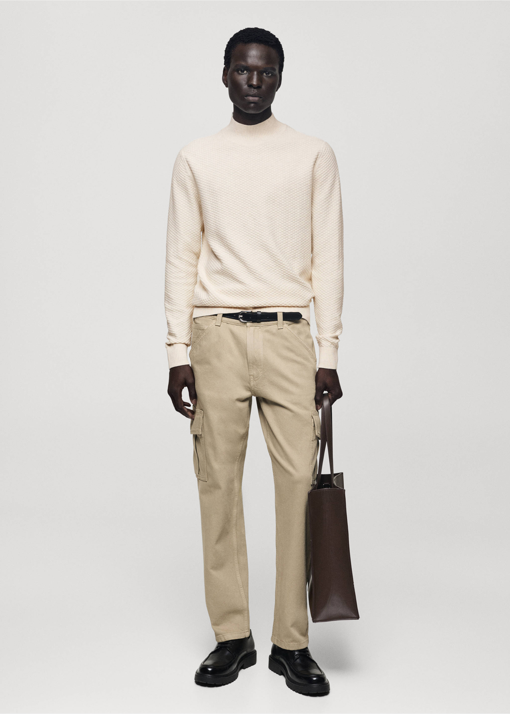 Cotton sweater with perkins-neck  structure - General plane, Sand. Ref: 77007943-00.