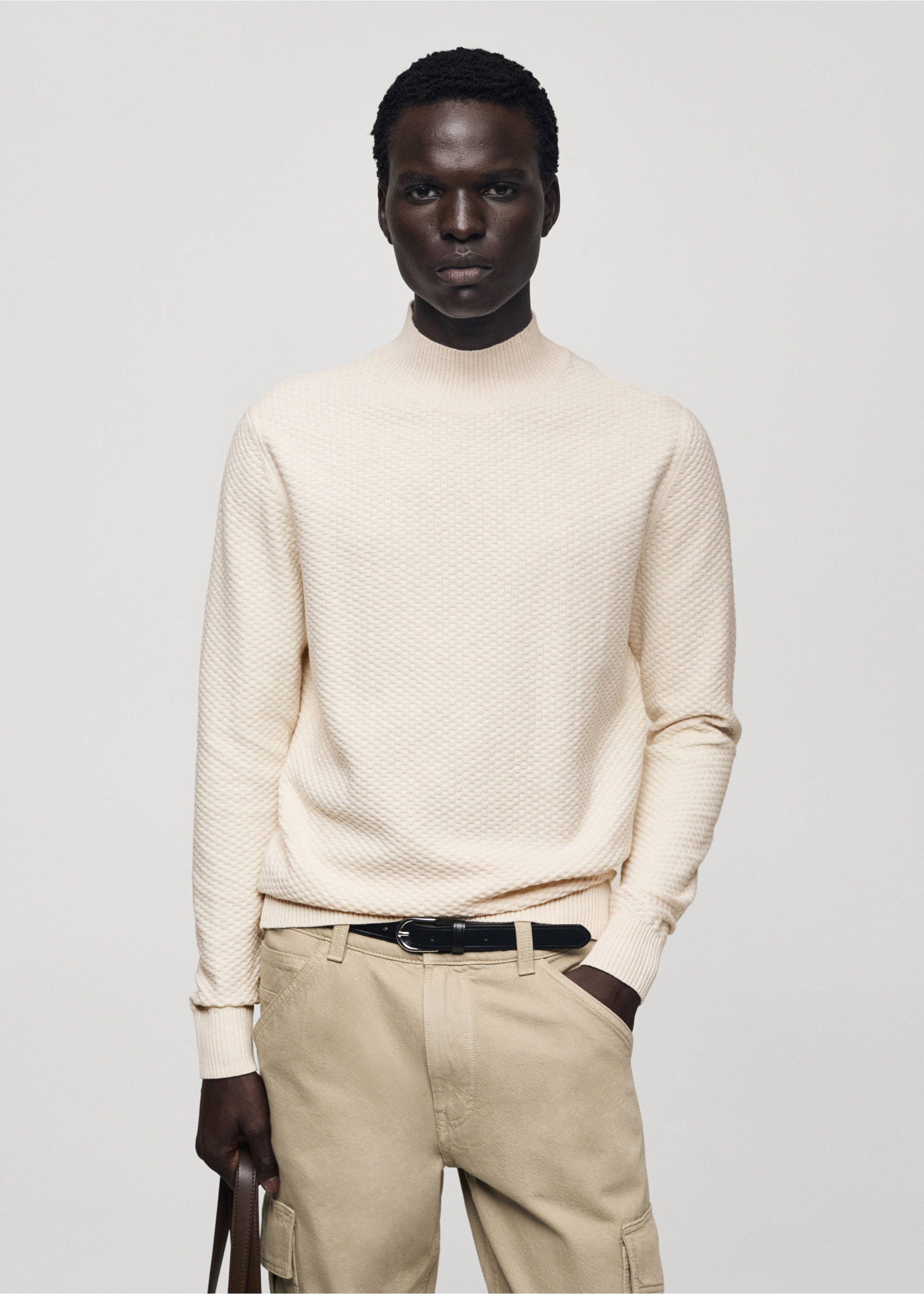 Cotton sweater with perkins-neck  structure - Medium plane, Sand. Ref: 77007943-00.