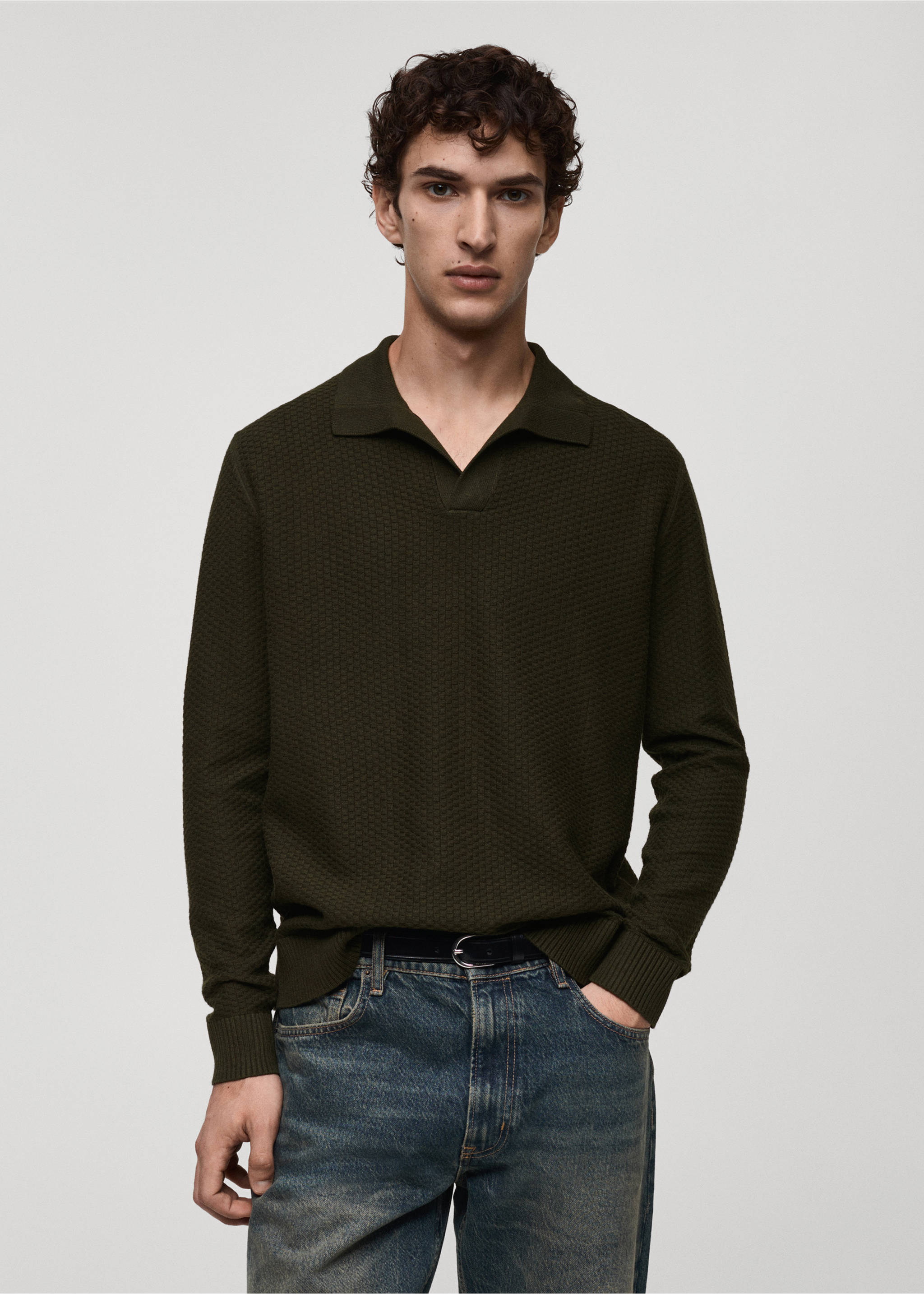 Cotton-blend structured polo sweater - Medium plane, Khaki. Ref: 77007944-00.