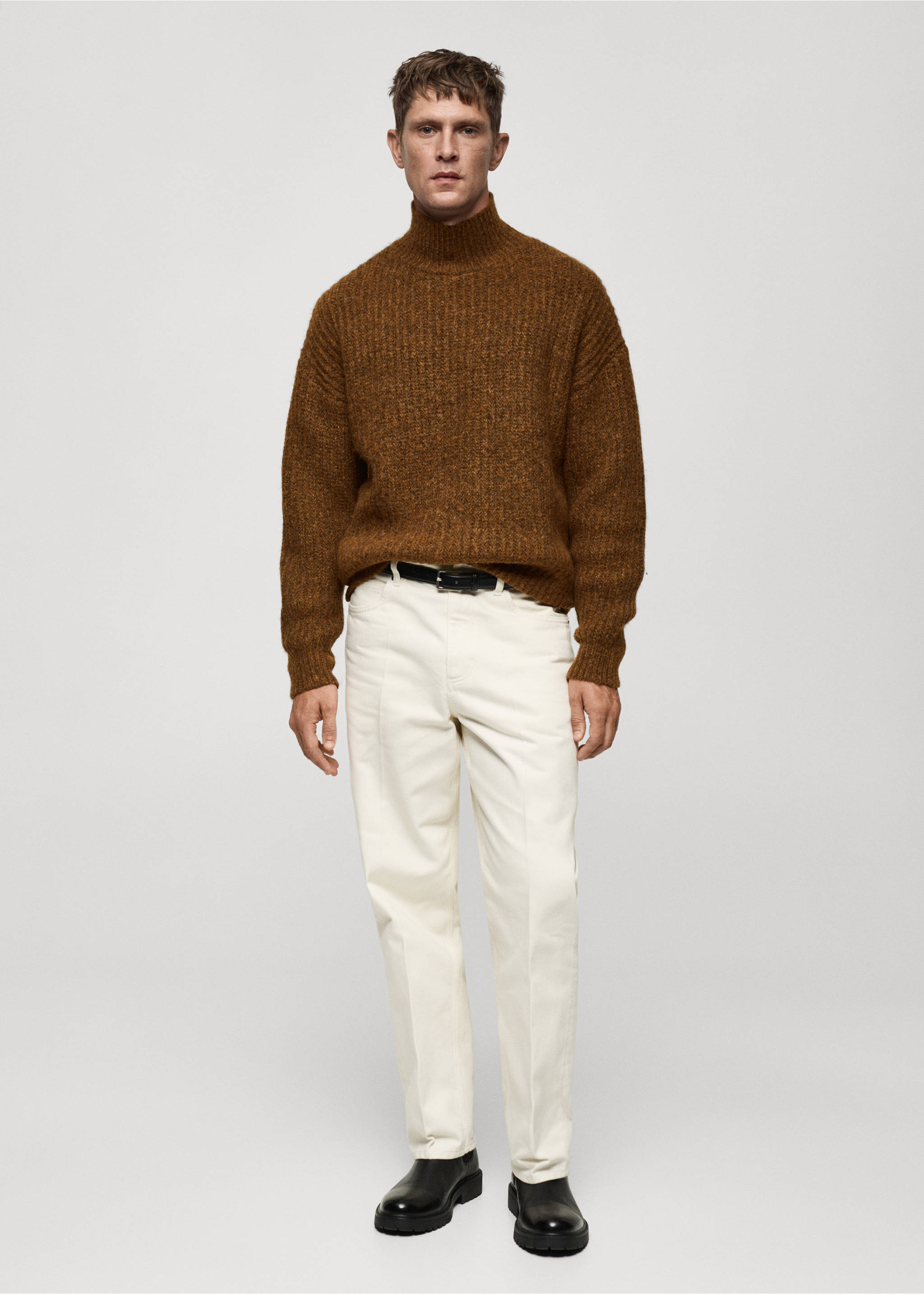 Ribbed sweater with perkins neck - General plane, Tobacco Brown. Ref: 77007945-00.