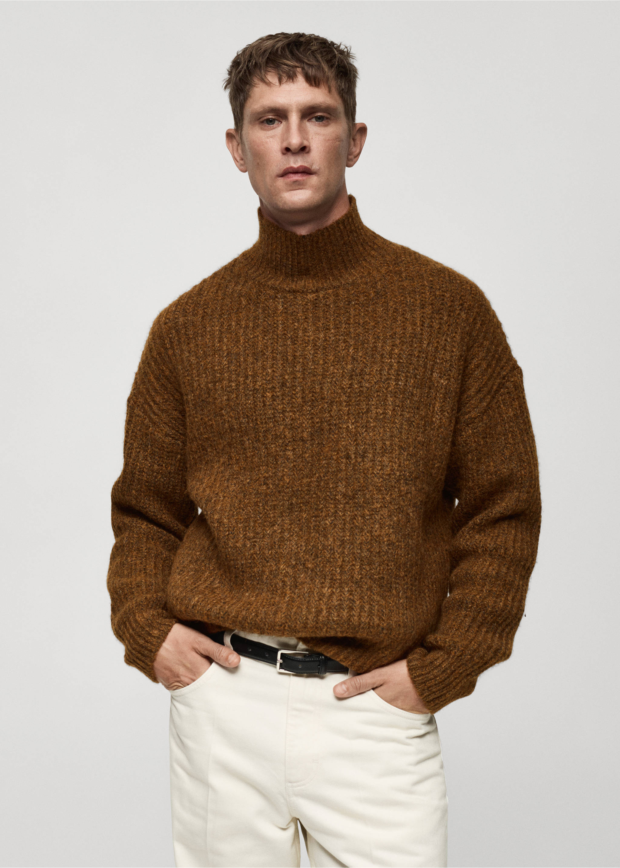 Ribbed sweater with perkins neck - Medium plane, Tobacco Brown. Ref: 77007945-00.