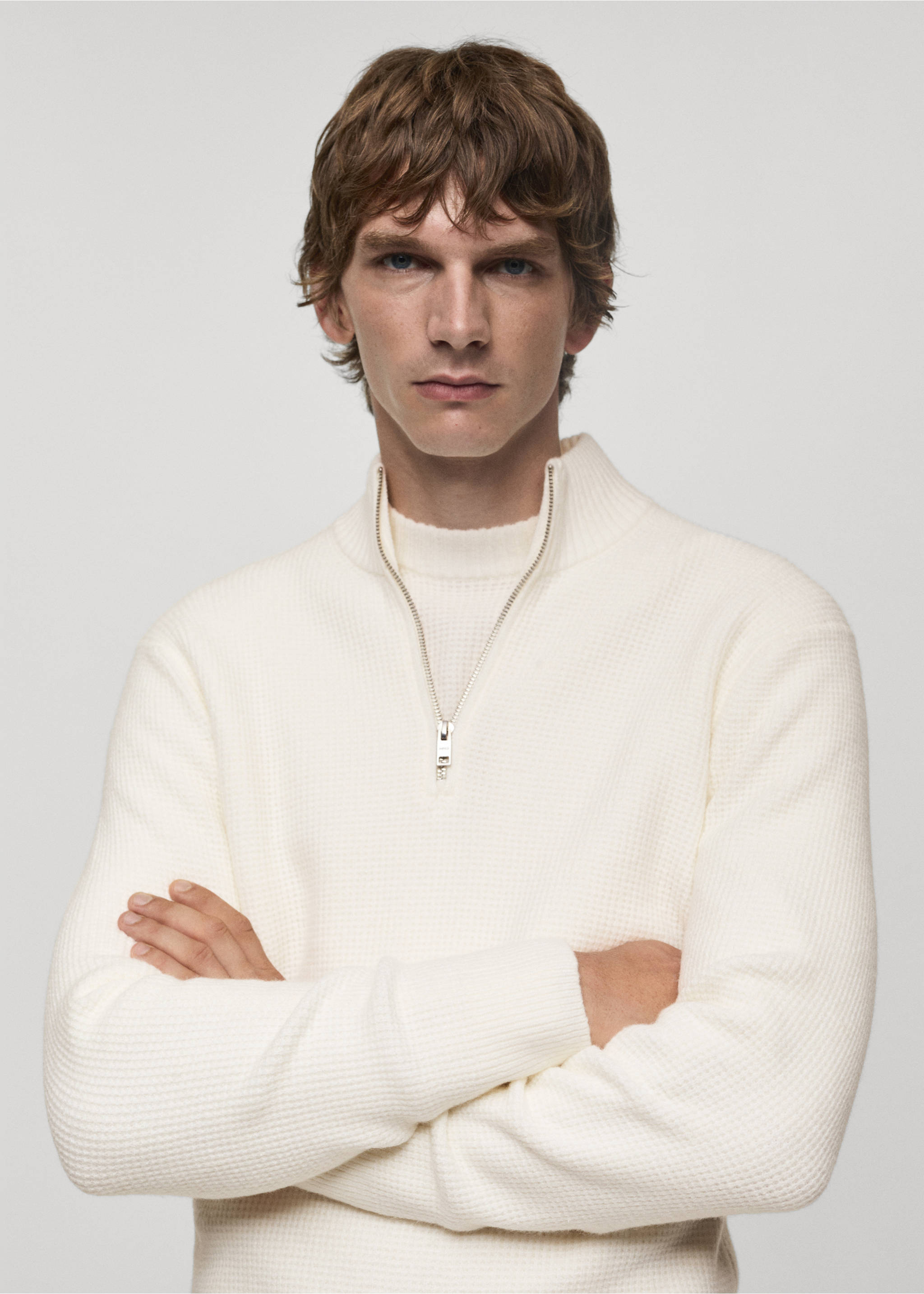 Knitted sweater with perkins neck - Details of the article 1, Off White. Ref: 77007951-00.