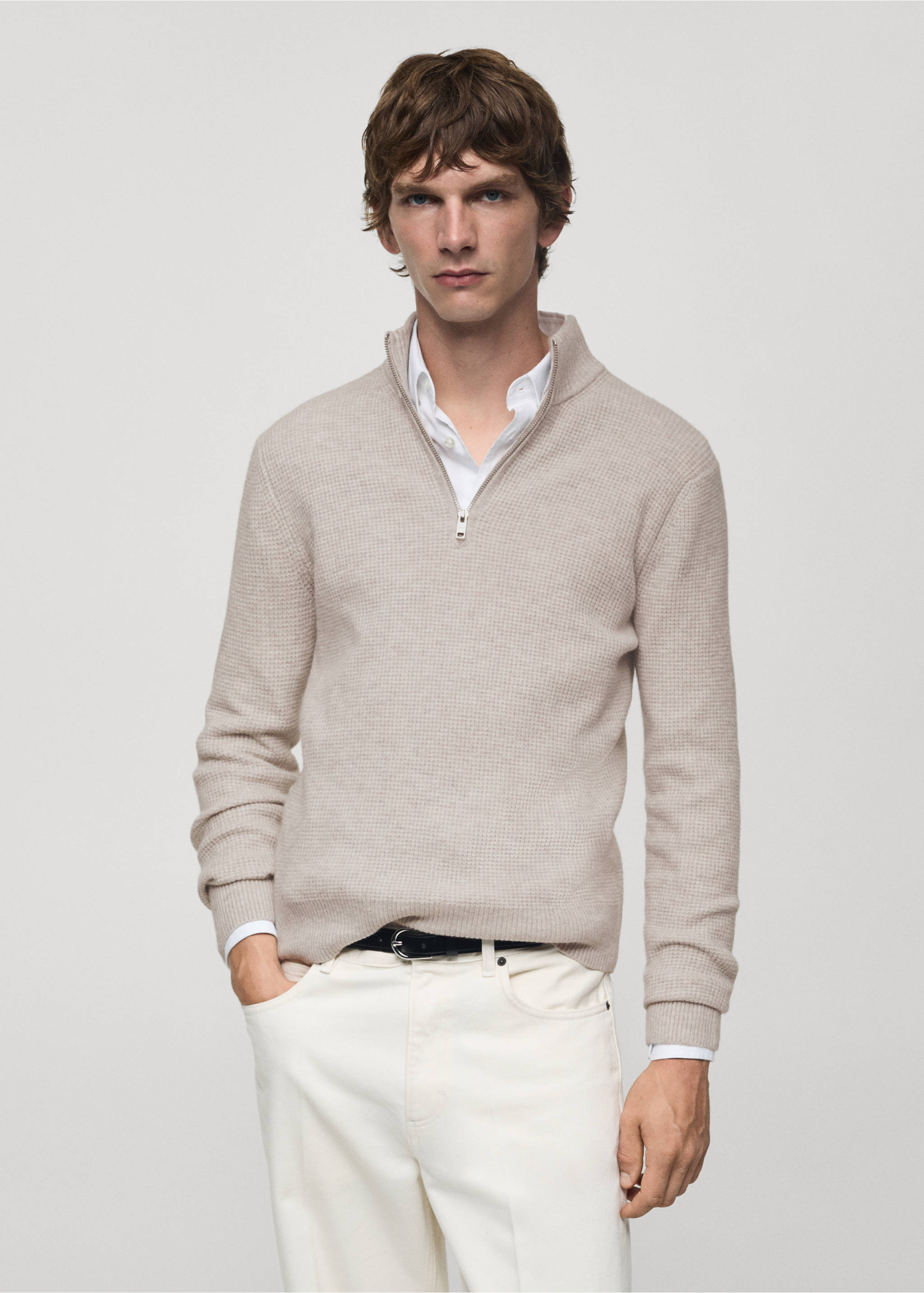 Knitted sweater with perkins neck - Medium plane, Sand. Ref: 77007951-00.
