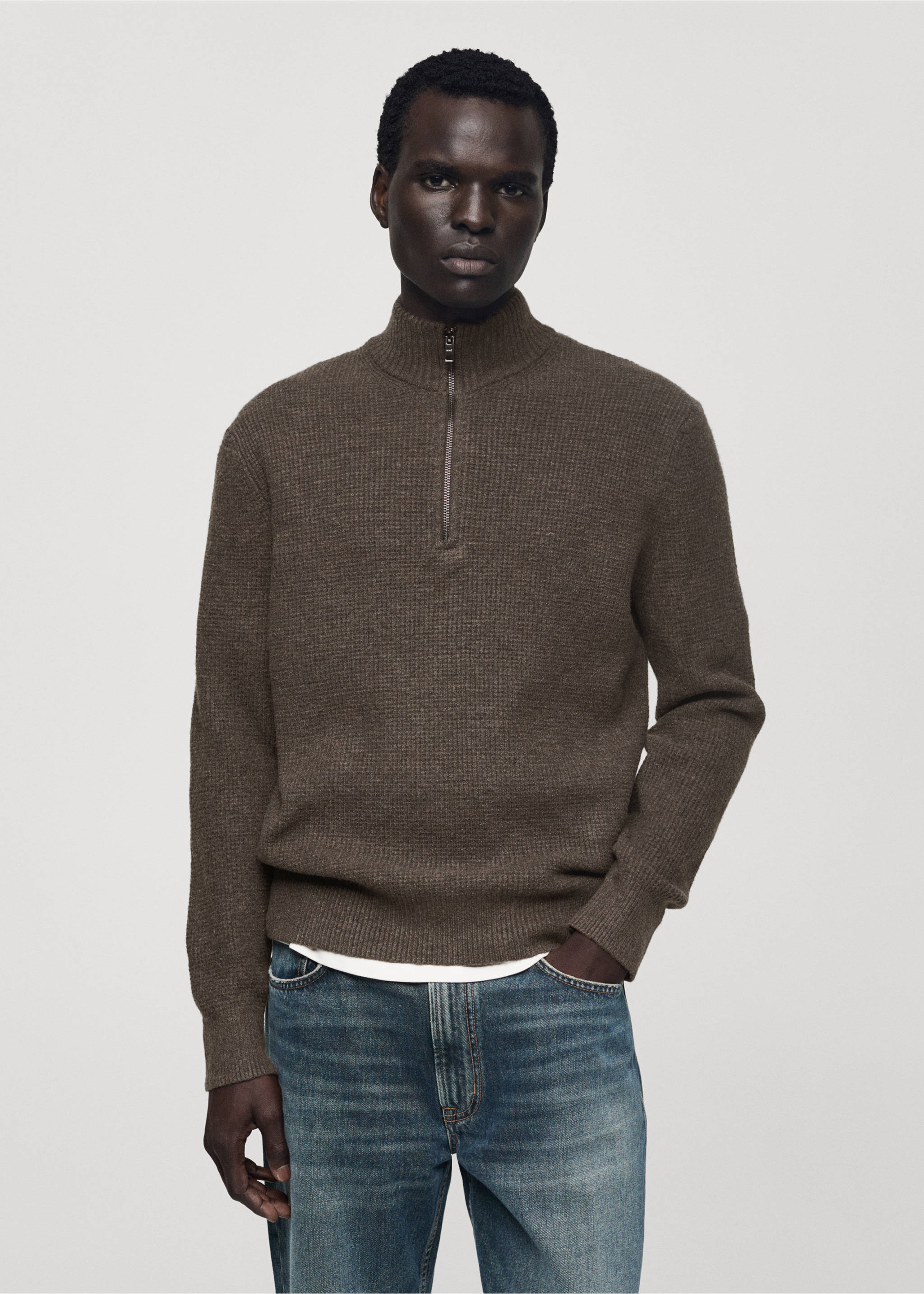 Knitted sweater with perkins neck - Medium plane, Brown. Ref: 77007951-00.