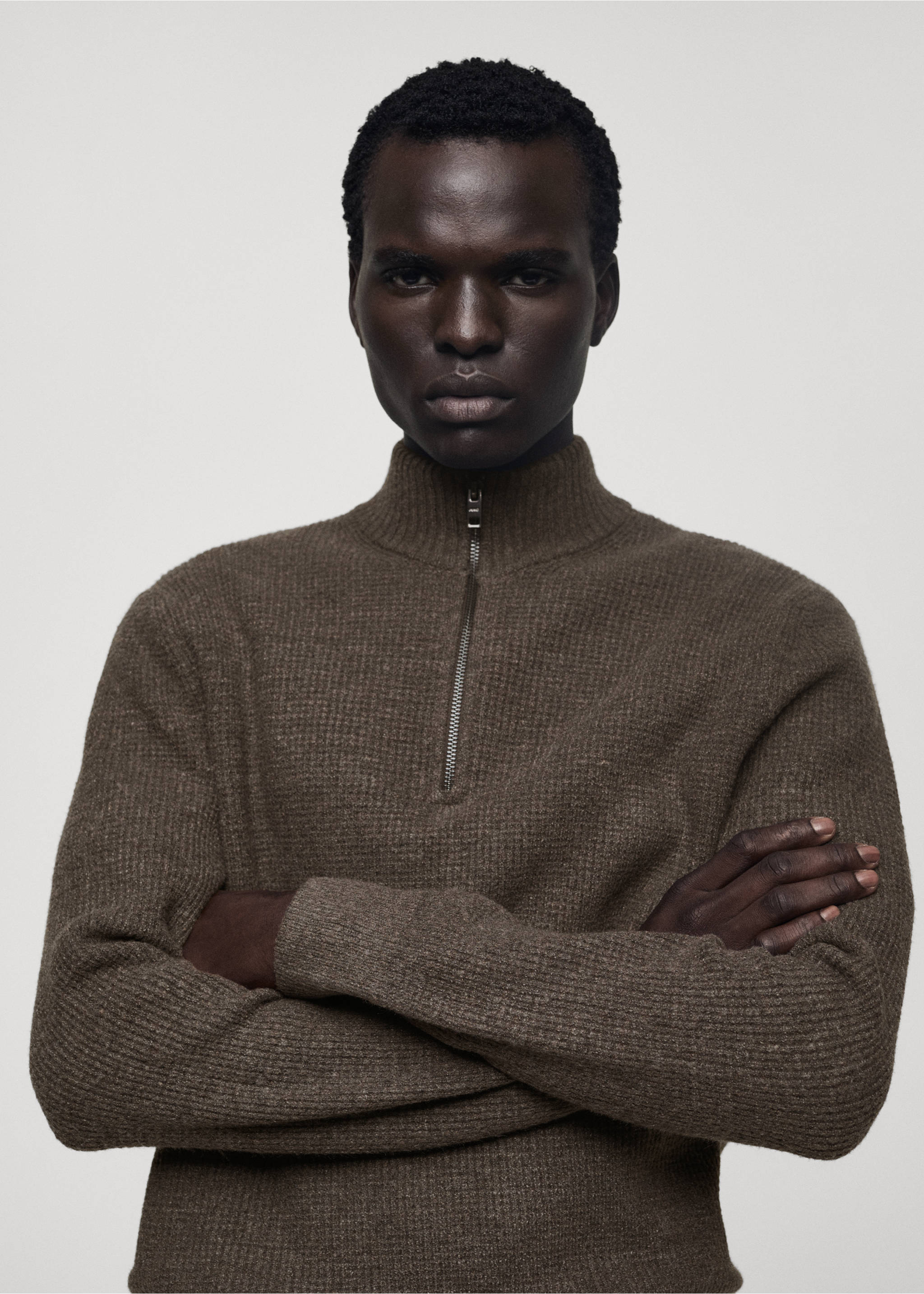 Knitted sweater with perkins neck - Details of the article 1, Brown. Ref: 77007951-00.