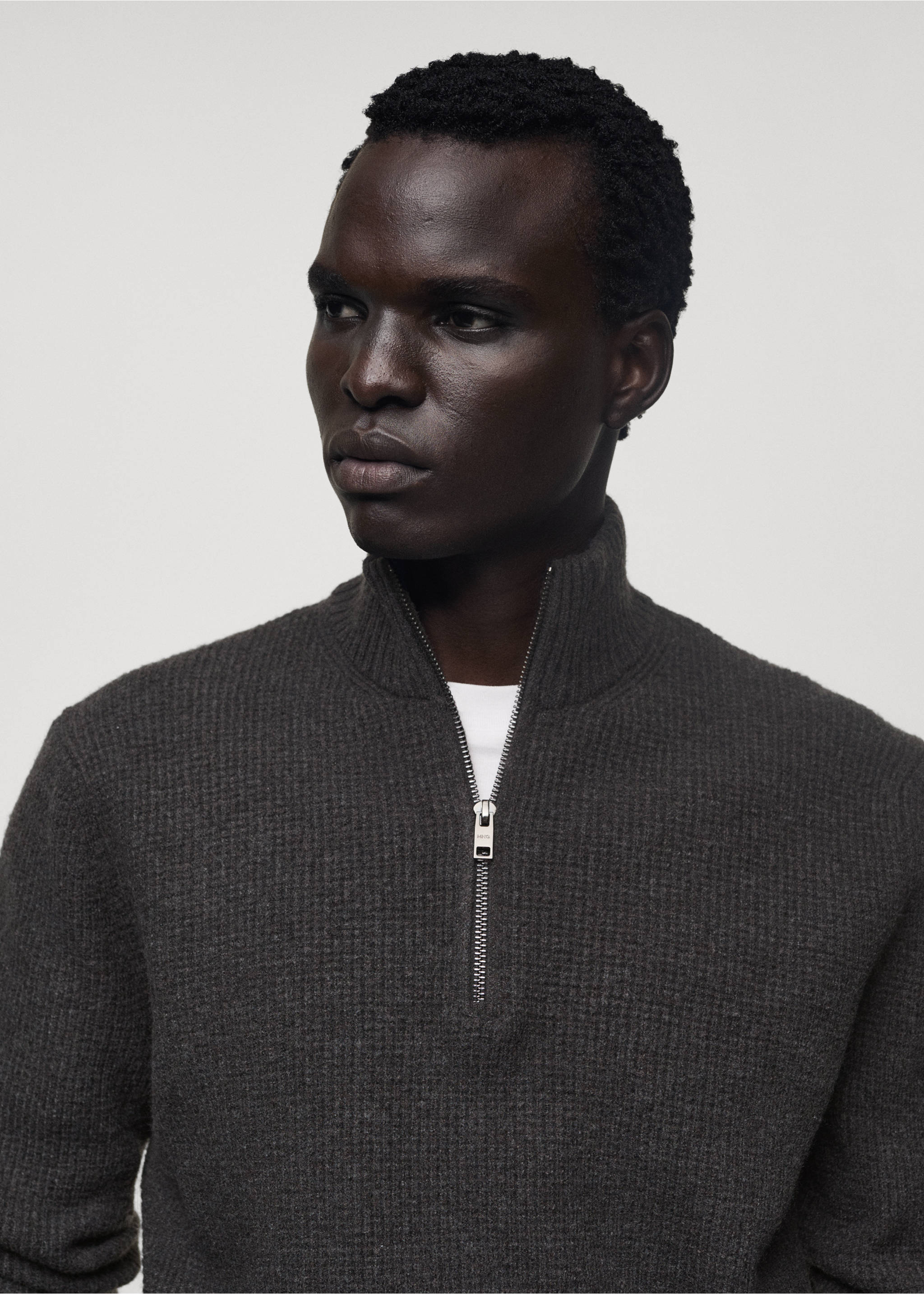 Knitted sweater with perkins neck - Details of the article 1, Charcoal. Ref: 77007951-00.