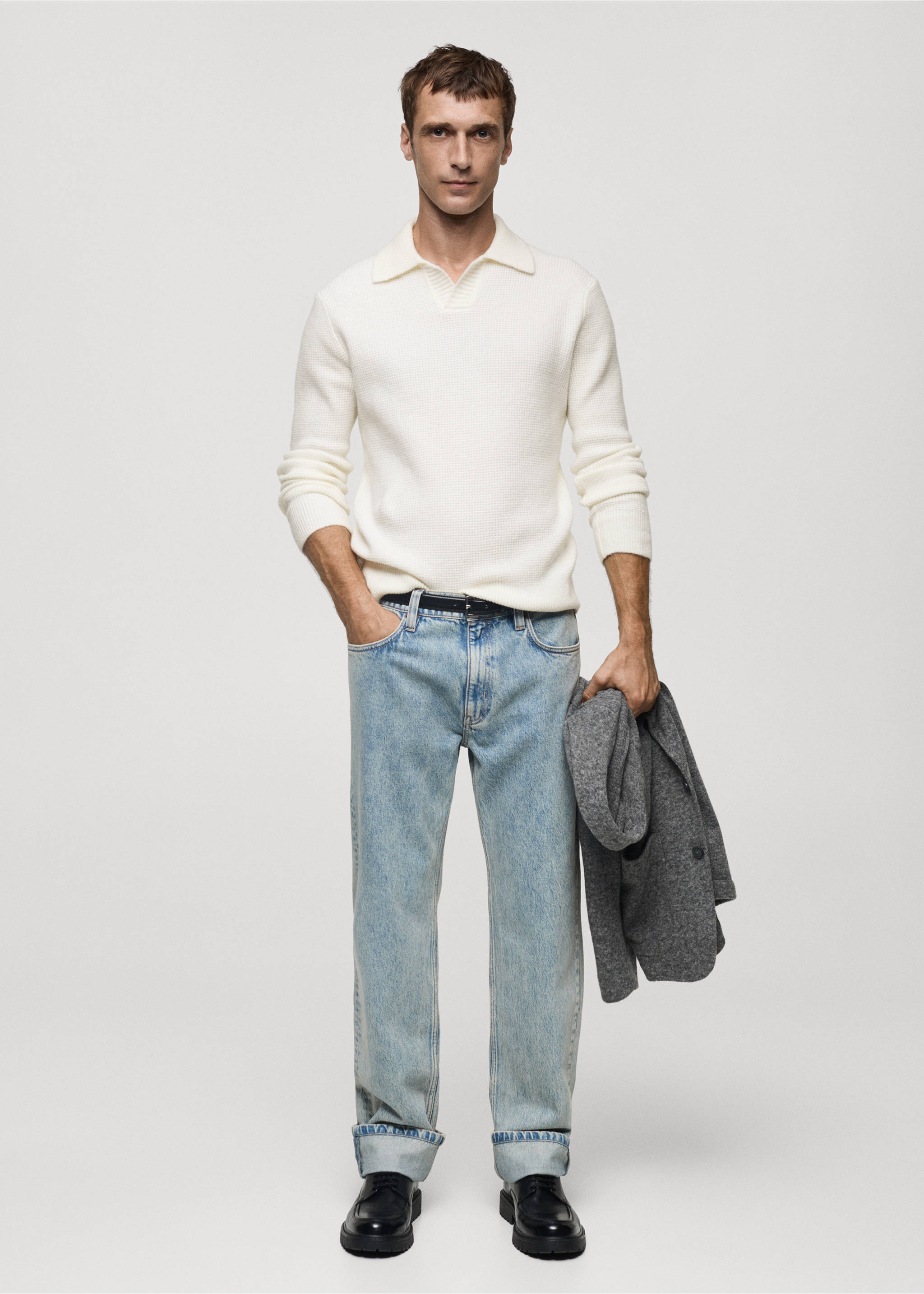 Stickad tröja tenniskrage cuadrilléstruktur - Allmän bild, Benvit. Ref: 77007952-00.