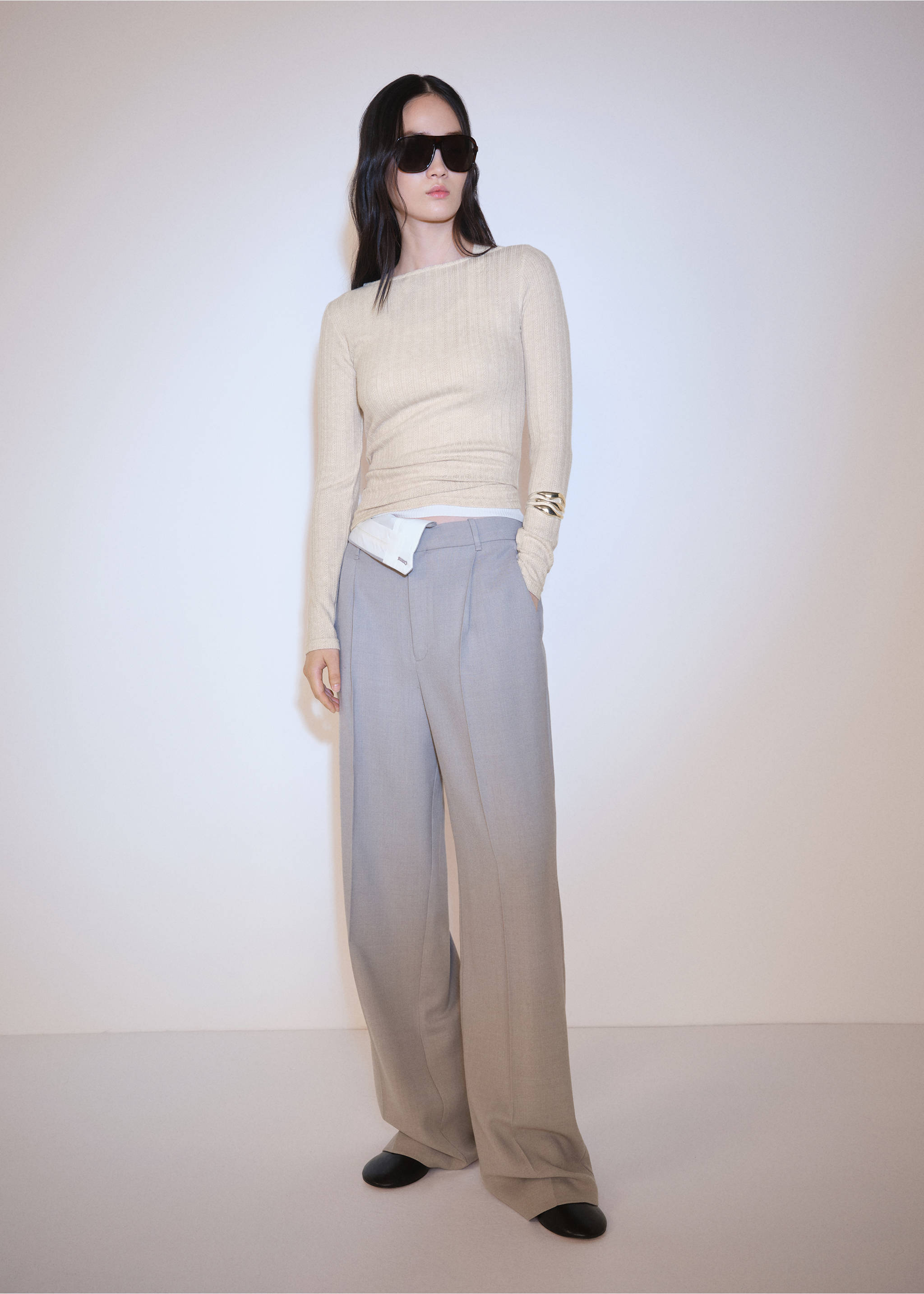 Long-sleeved pointelle t-shirt - General plane, Light/Pastel Grey. Ref: 77008270-00.