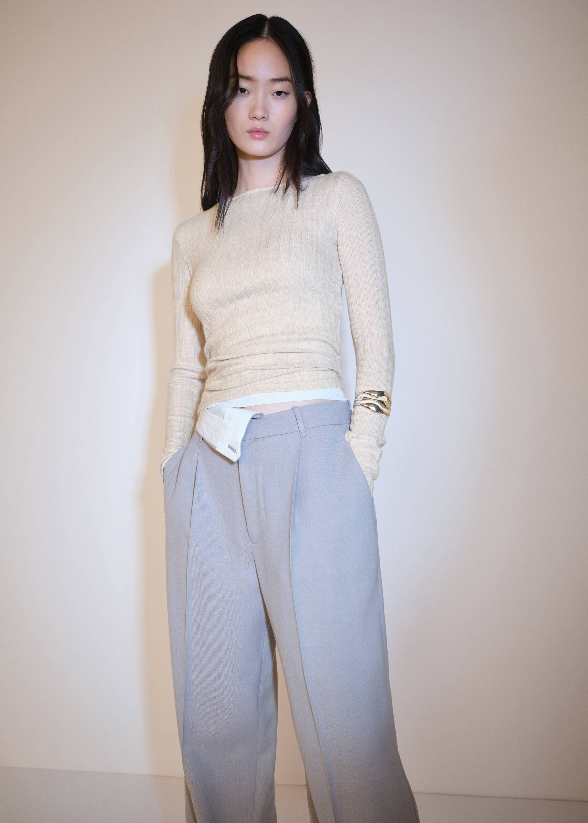 Long-sleeved pointelle t-shirt - Medium plane