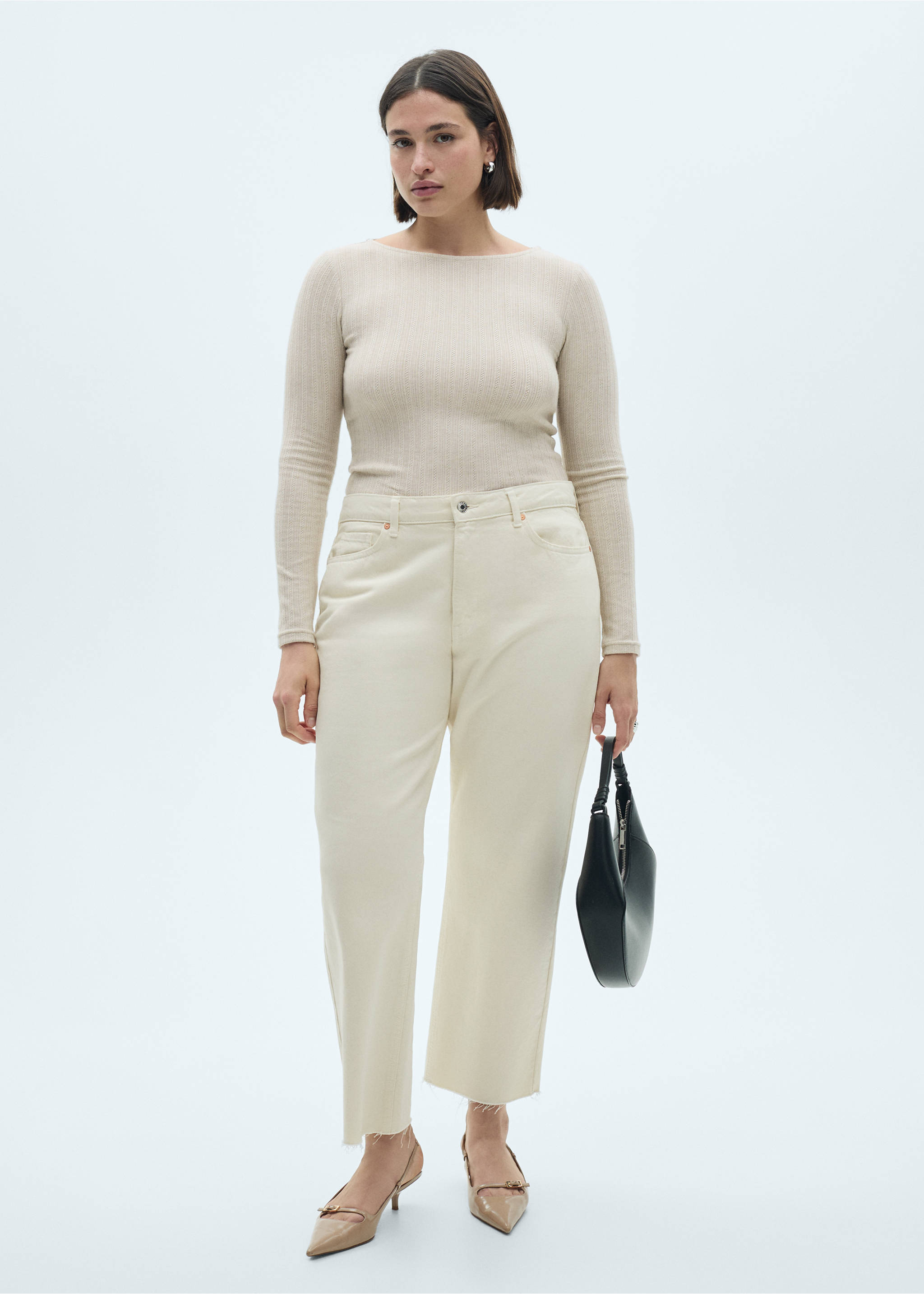 Long-sleeved pointelle t-shirt - Details of the article 3, Light/Pastel Grey. Ref: 77008270-00.