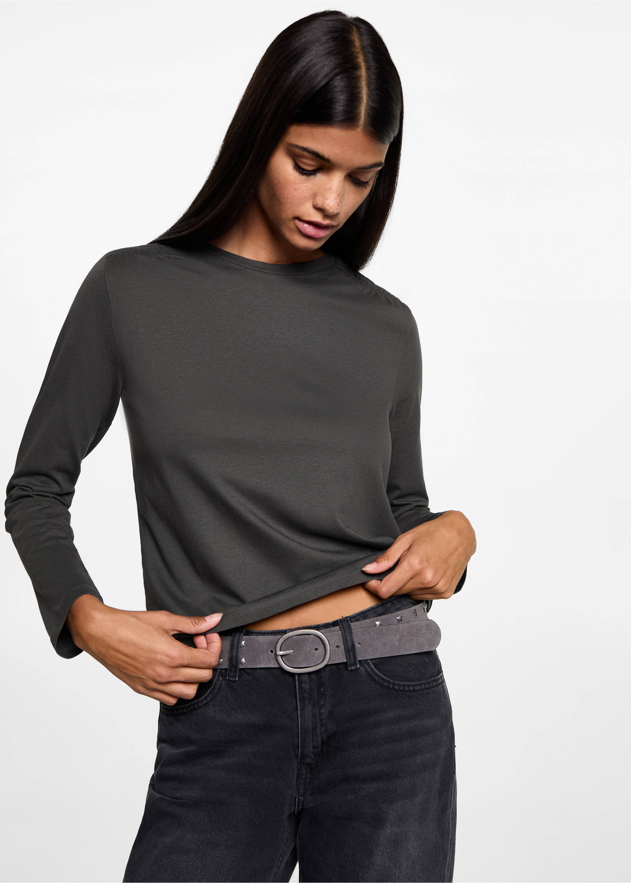 T-shirt with gathered details - Medium plane, Charcoal. Ref: 77008277-00.