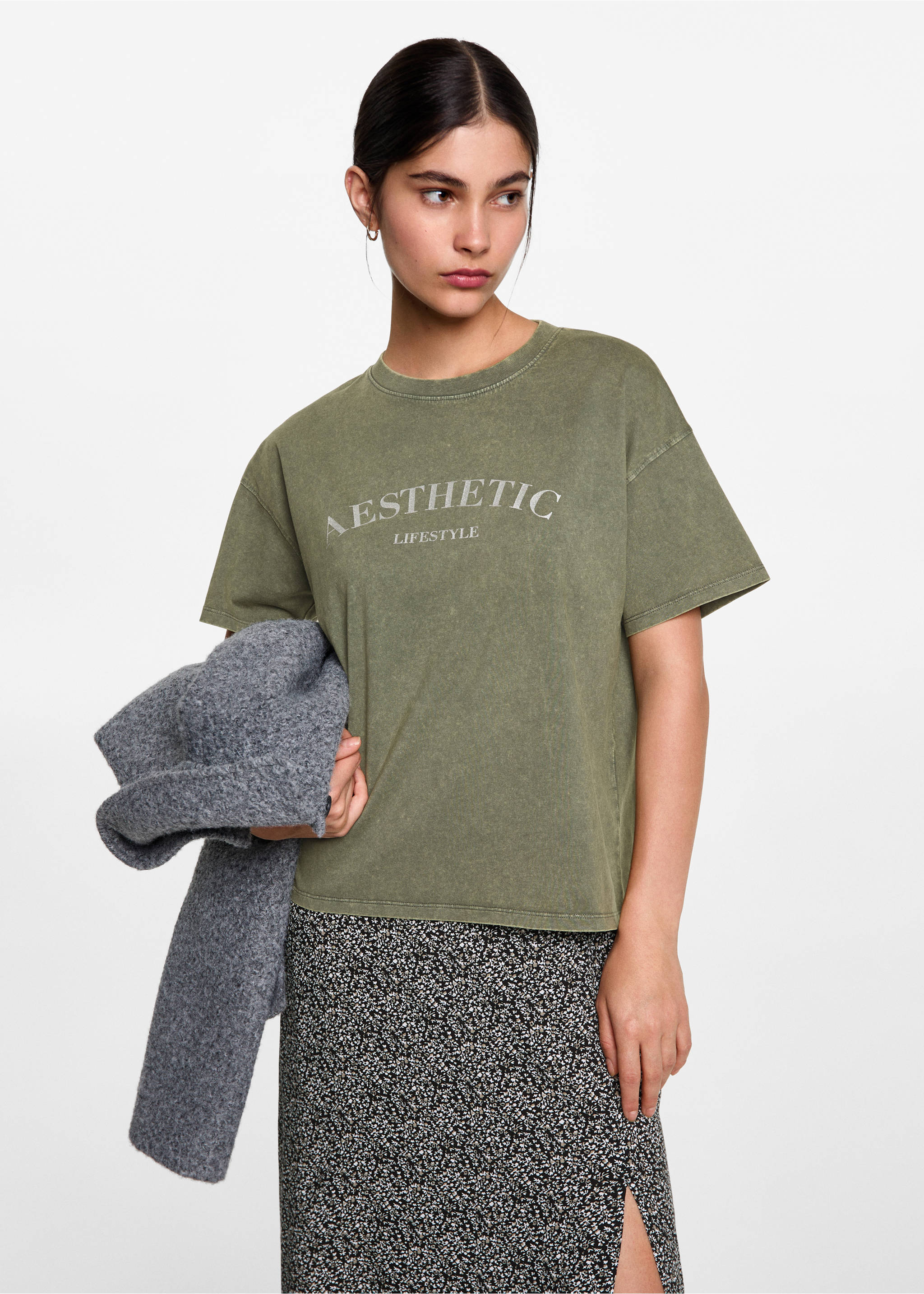 Tryckt text t-shirt - Bild av mittparti, Grön. Ref: 77008280-00.