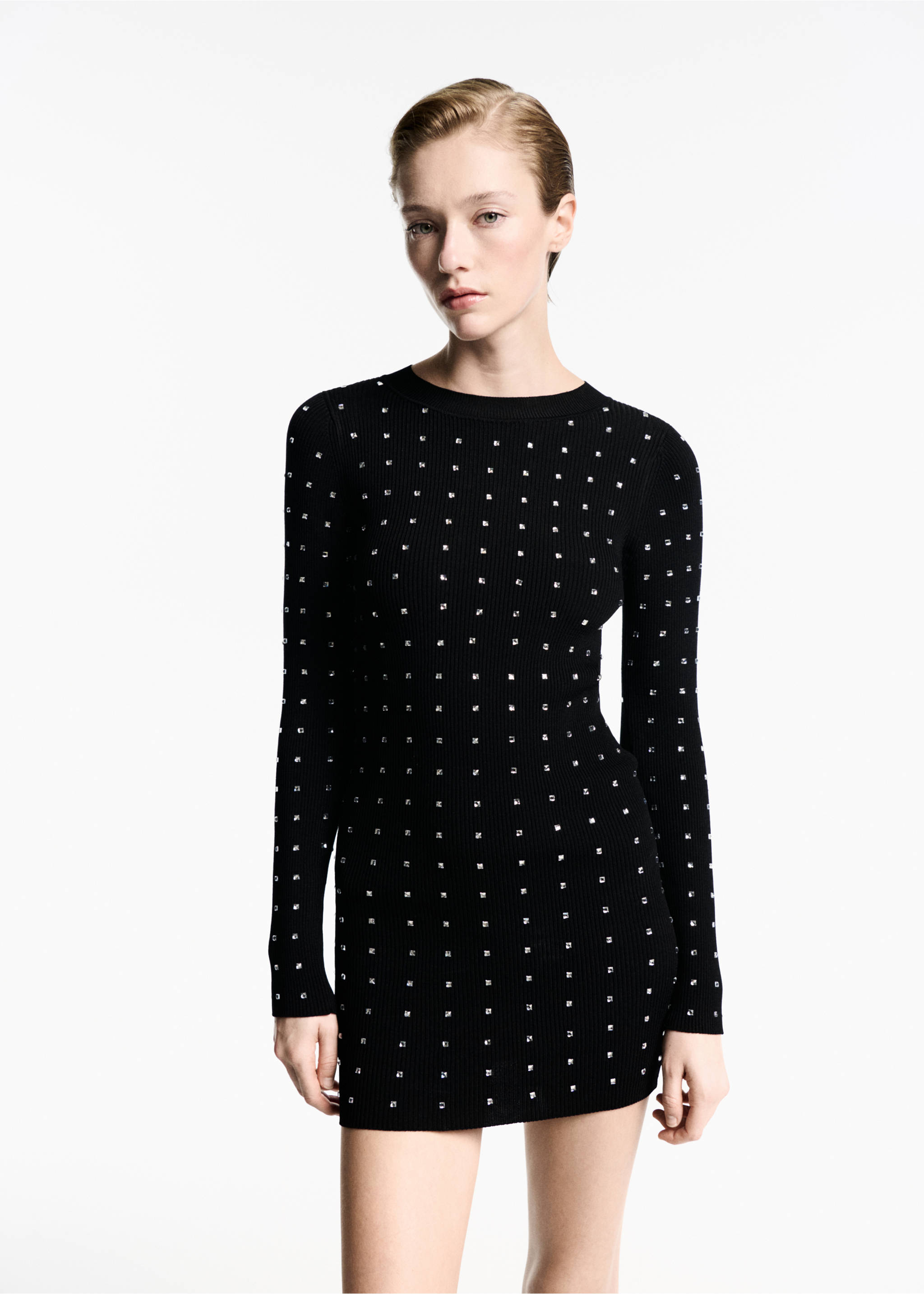 Knitted dress with rhinestone detail - Medium plane, Black. Ref: 77009044-00.