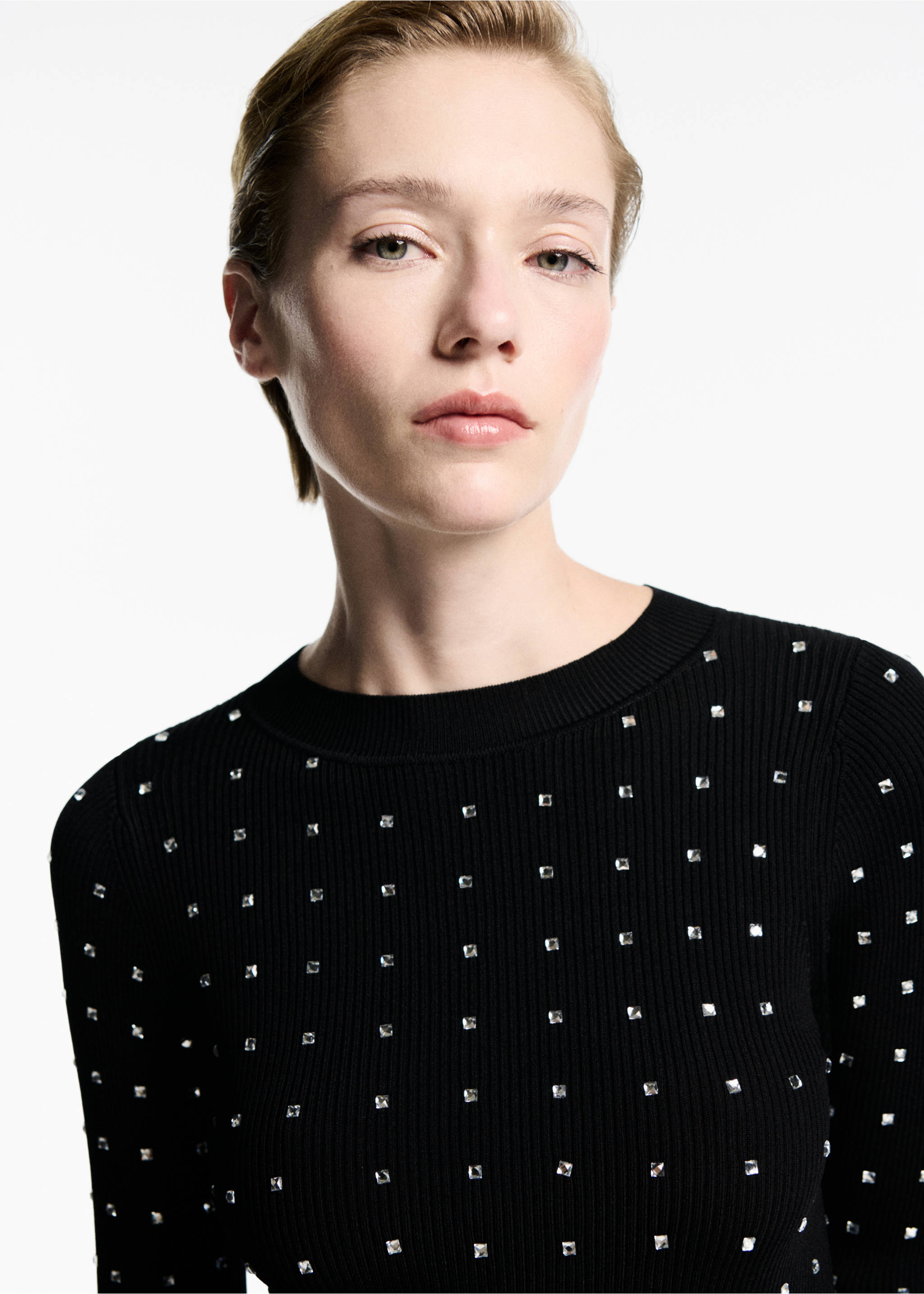 Knitted dress with rhinestone detail - Details of the article 1, Black. Ref: 77009044-00.