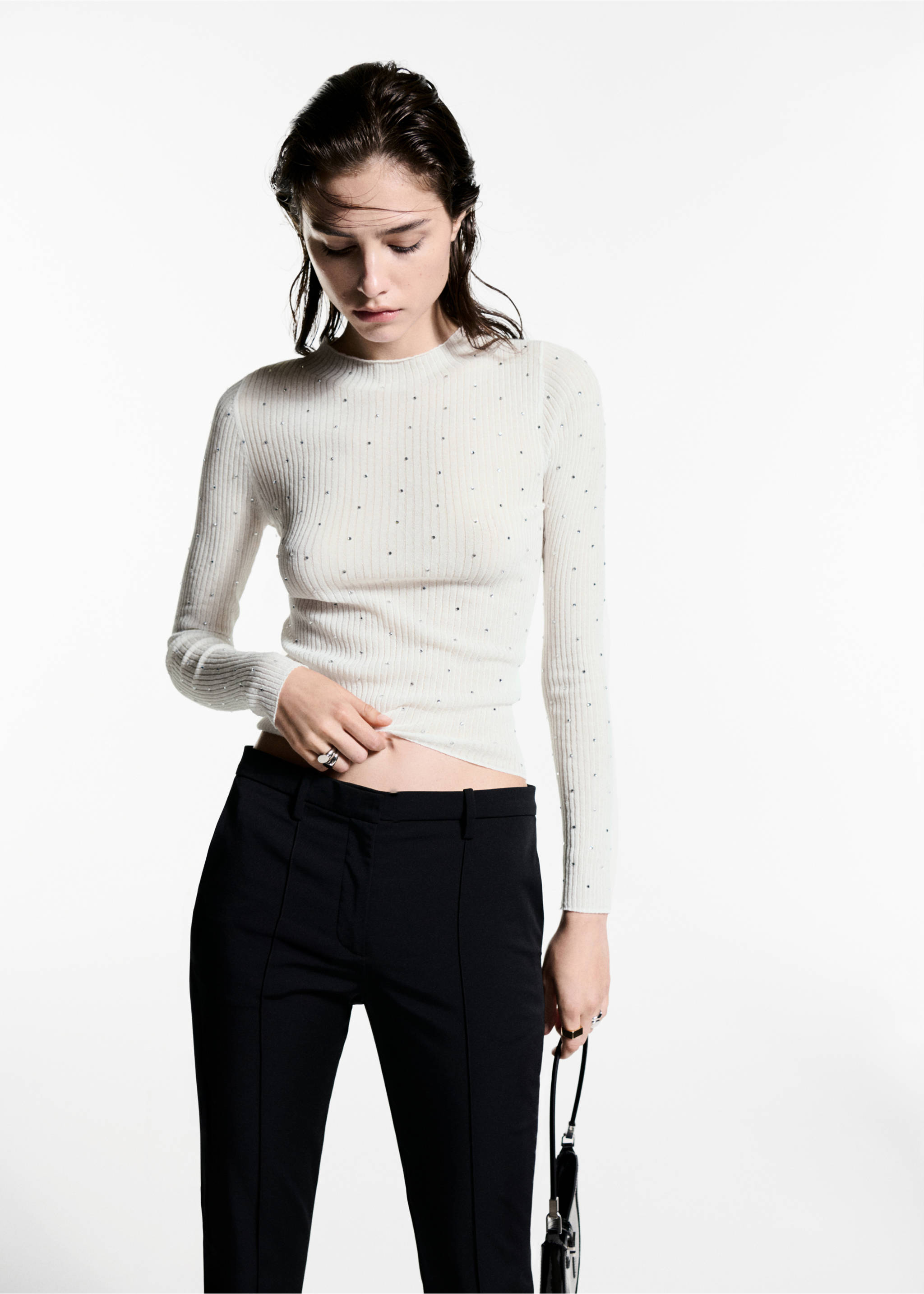 Rhinestone detail ribbed sweater - Medium plane, Ecru. Ref: 77009048-00.