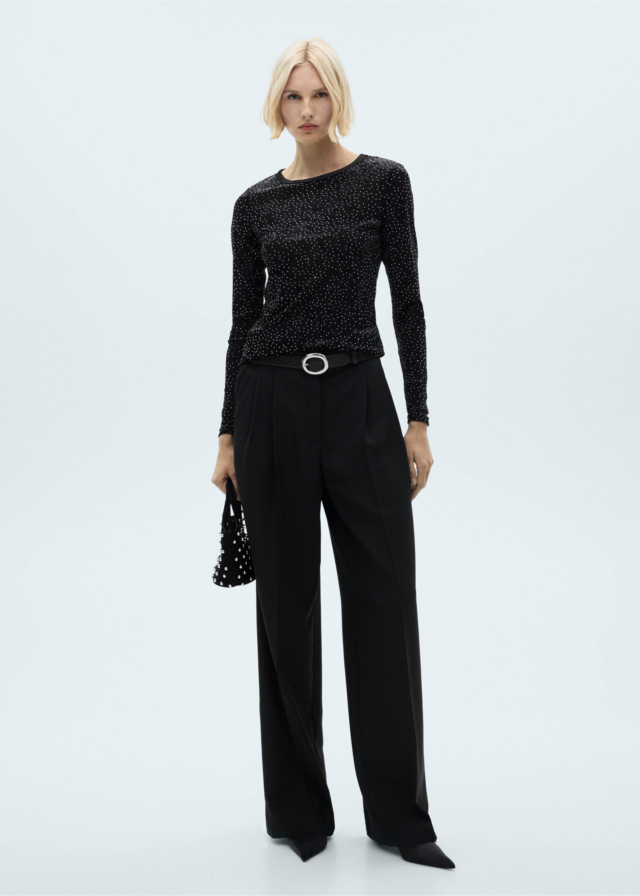 Long-sleeved t-shirt with rhinestone detail - General plane, Black. Ref: 77009079-00.