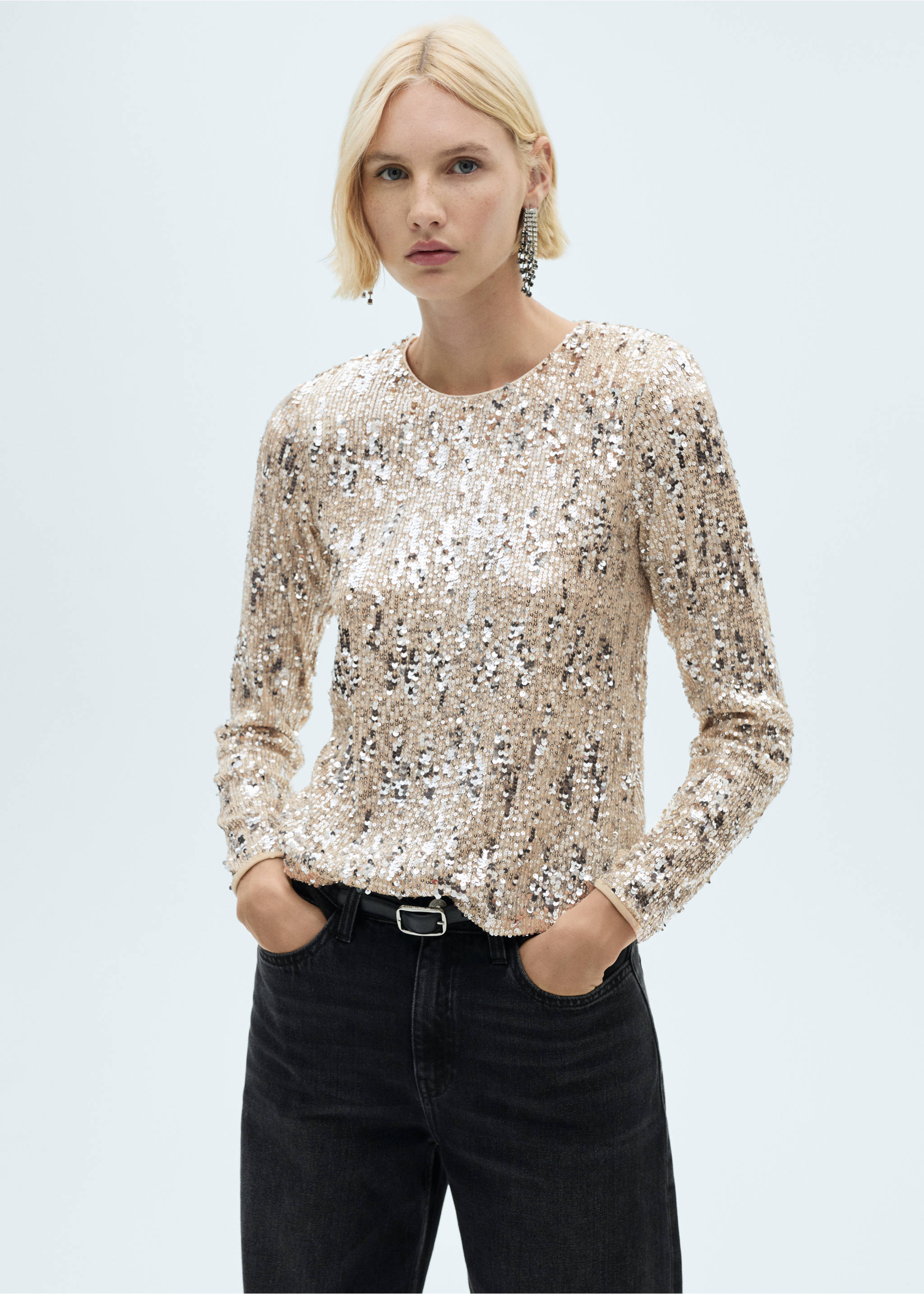 Long-sleeved t-shirt with sequins - Medium plane, Silver. Ref: 77009085-00.