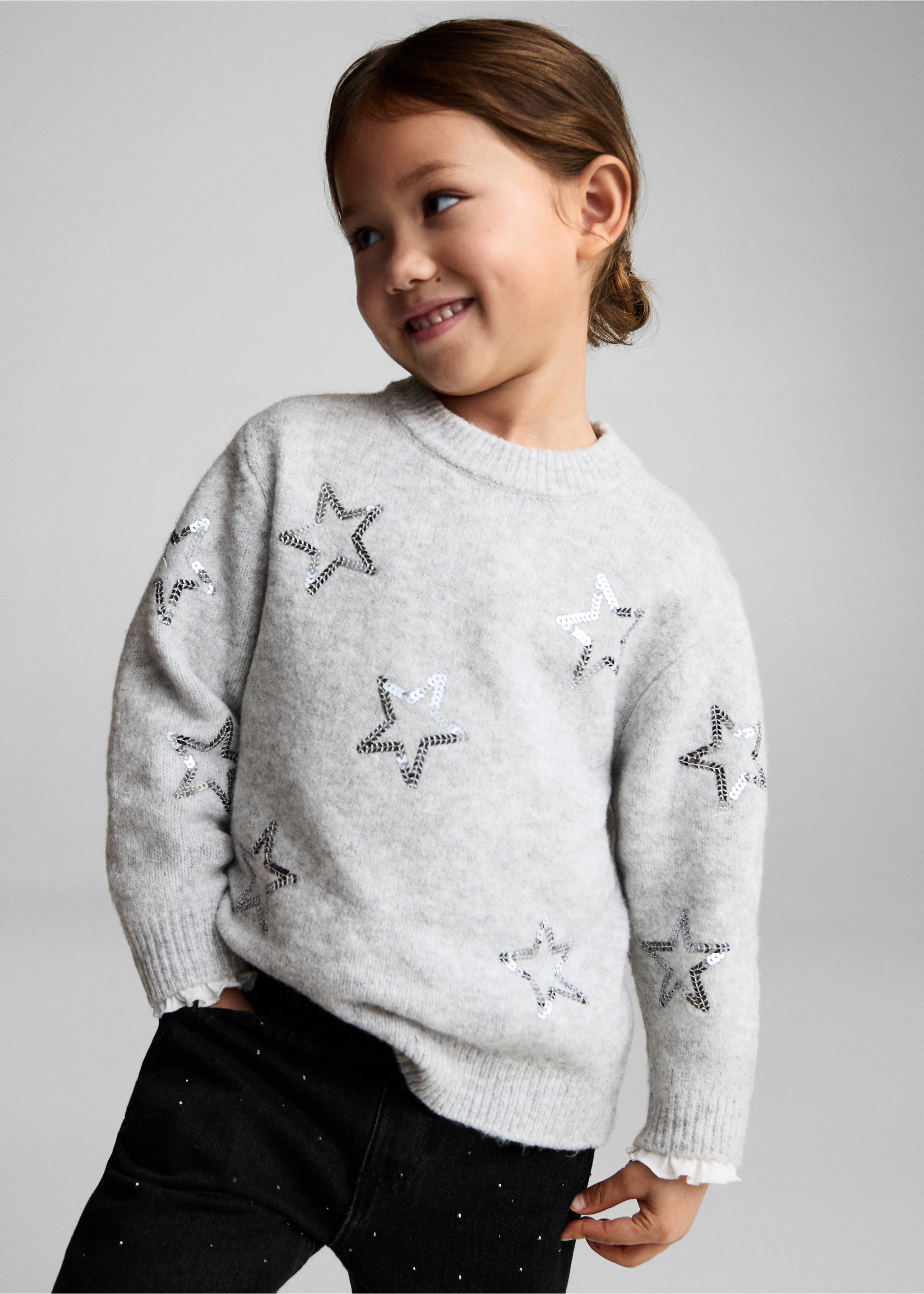 Pull-over étoiles sequins - Plan général, Gris chiné clair. Ref: 77009246-00.