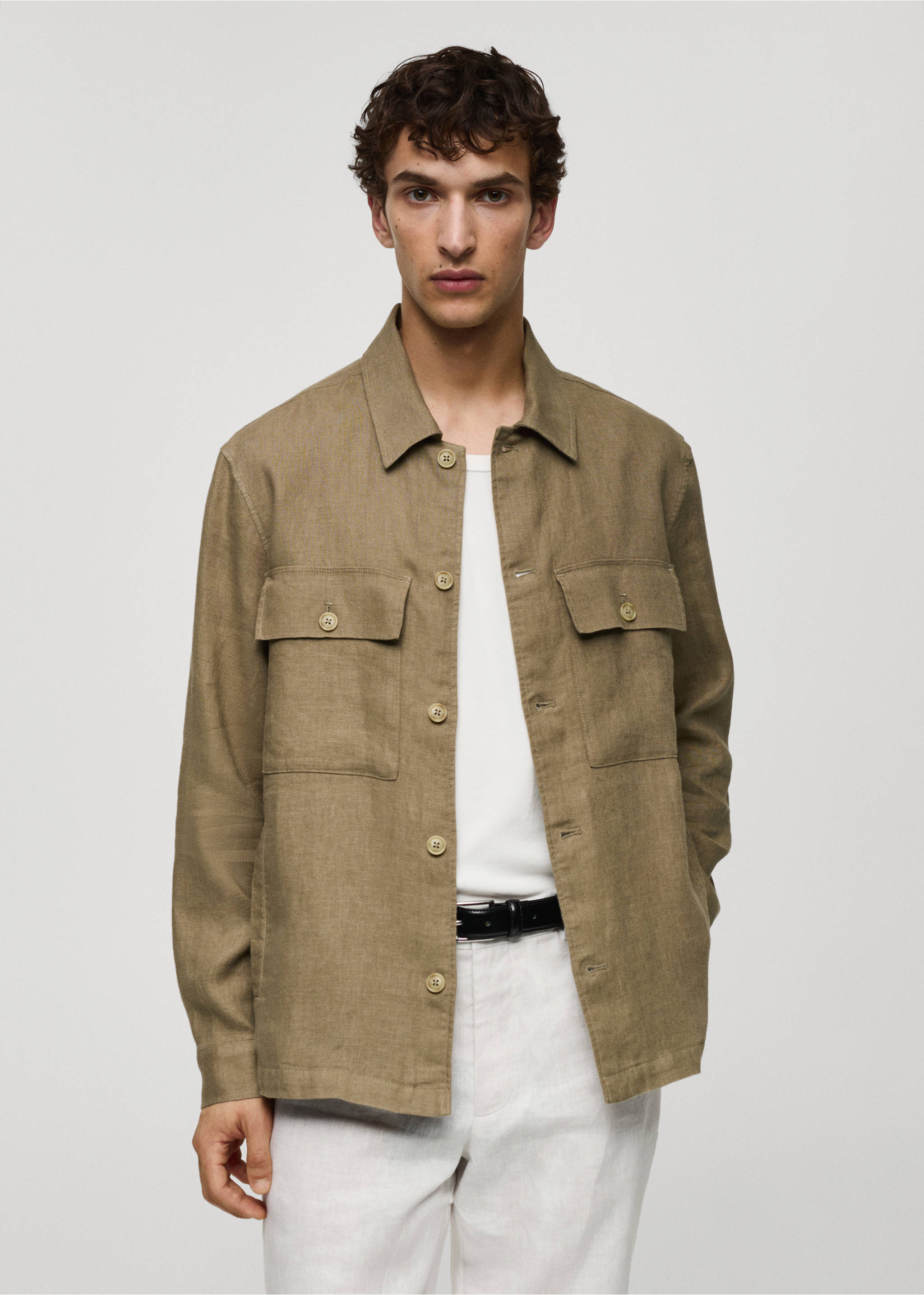 100% linen overshirt with pockets - Medium plane, Khaki. Ref: 77010568-00.
