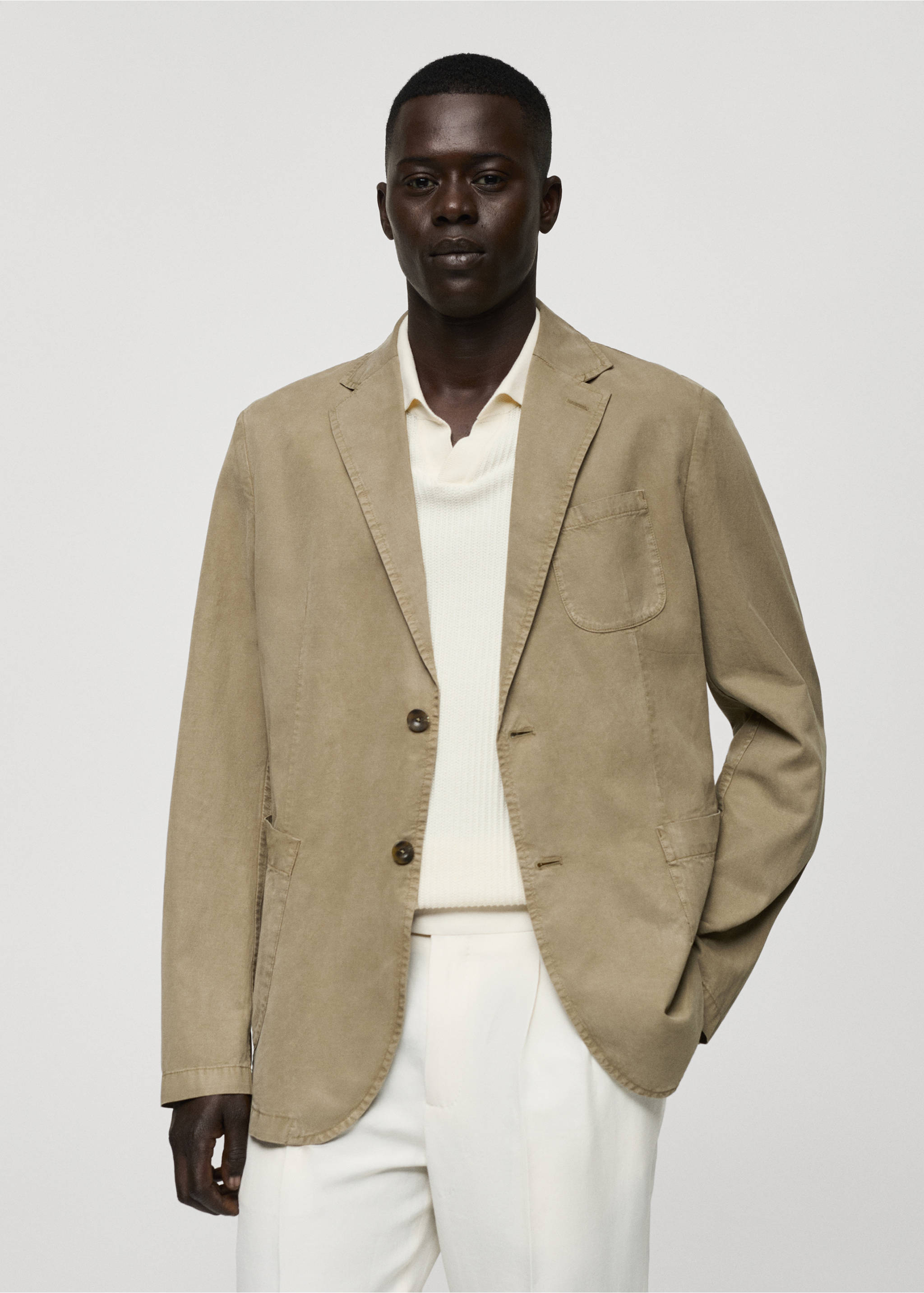 Americana lino algodón efecto lavado - Plano medio, Khaki. Ref: 77010575-00.